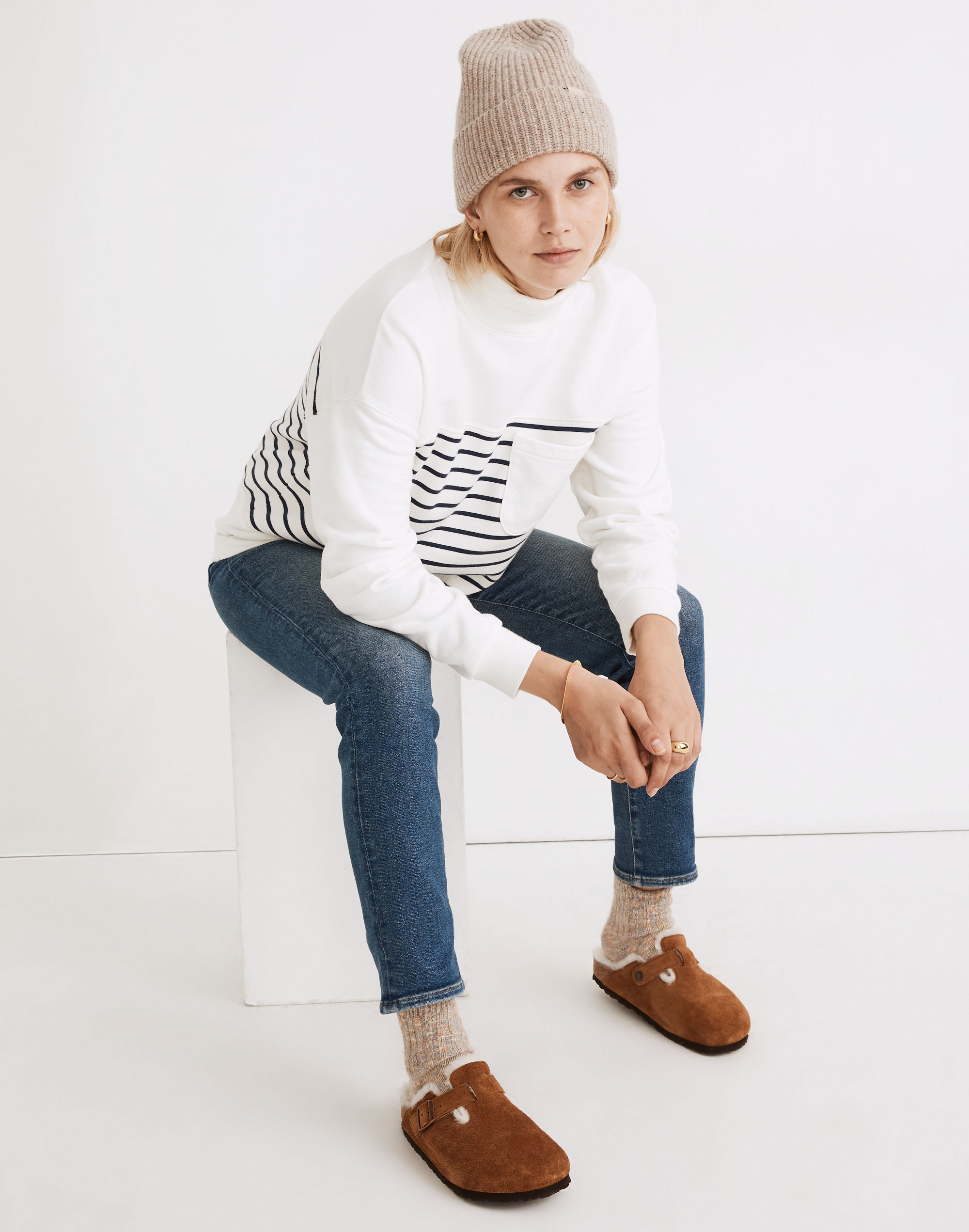 (Re)sourced Cotton Mockneck Pocket Sweatshirt in Nautical Stripe | Madewell