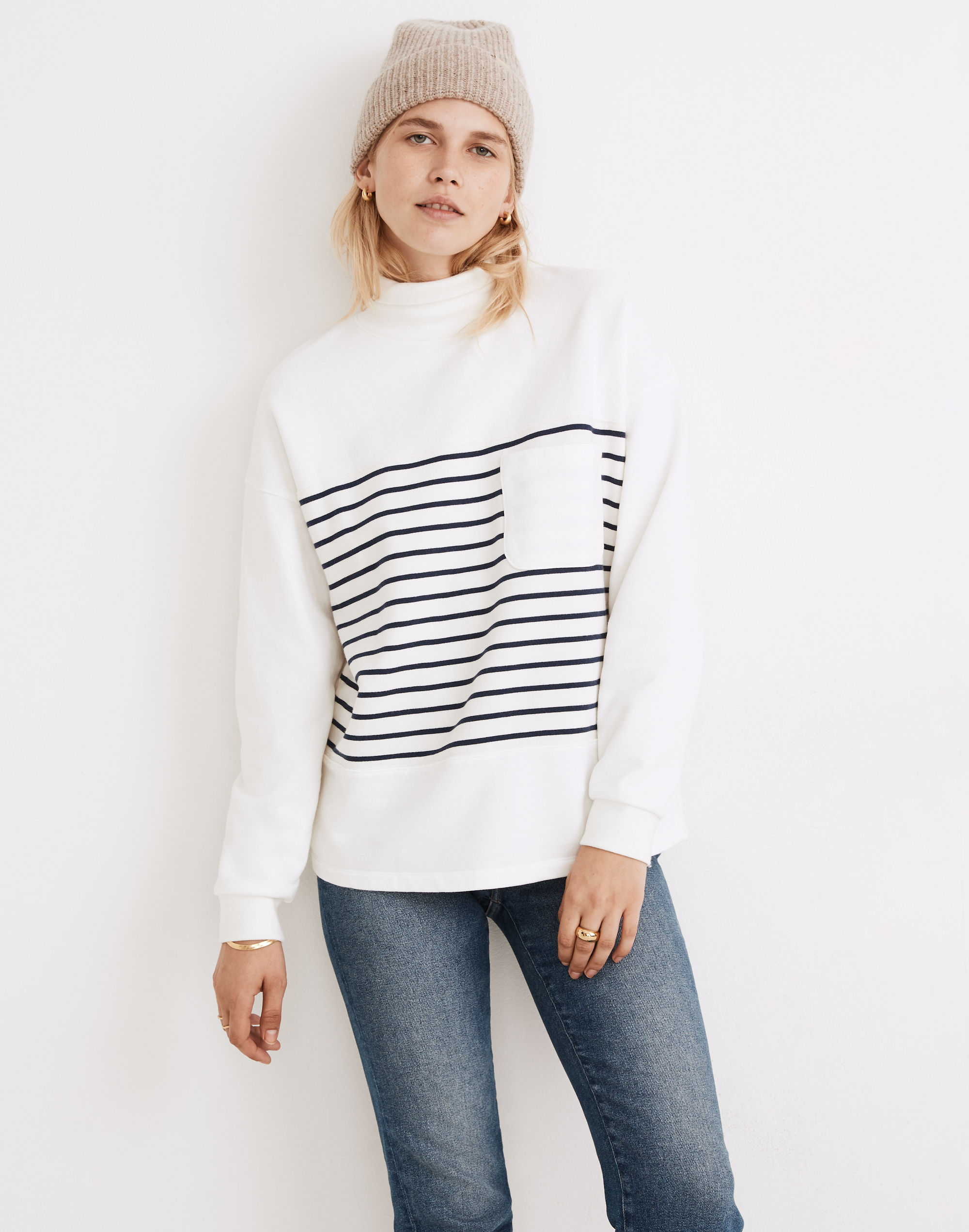 (Re)sourced Cotton Mockneck Pocket Sweatshirt in Nautical Stripe | Madewell