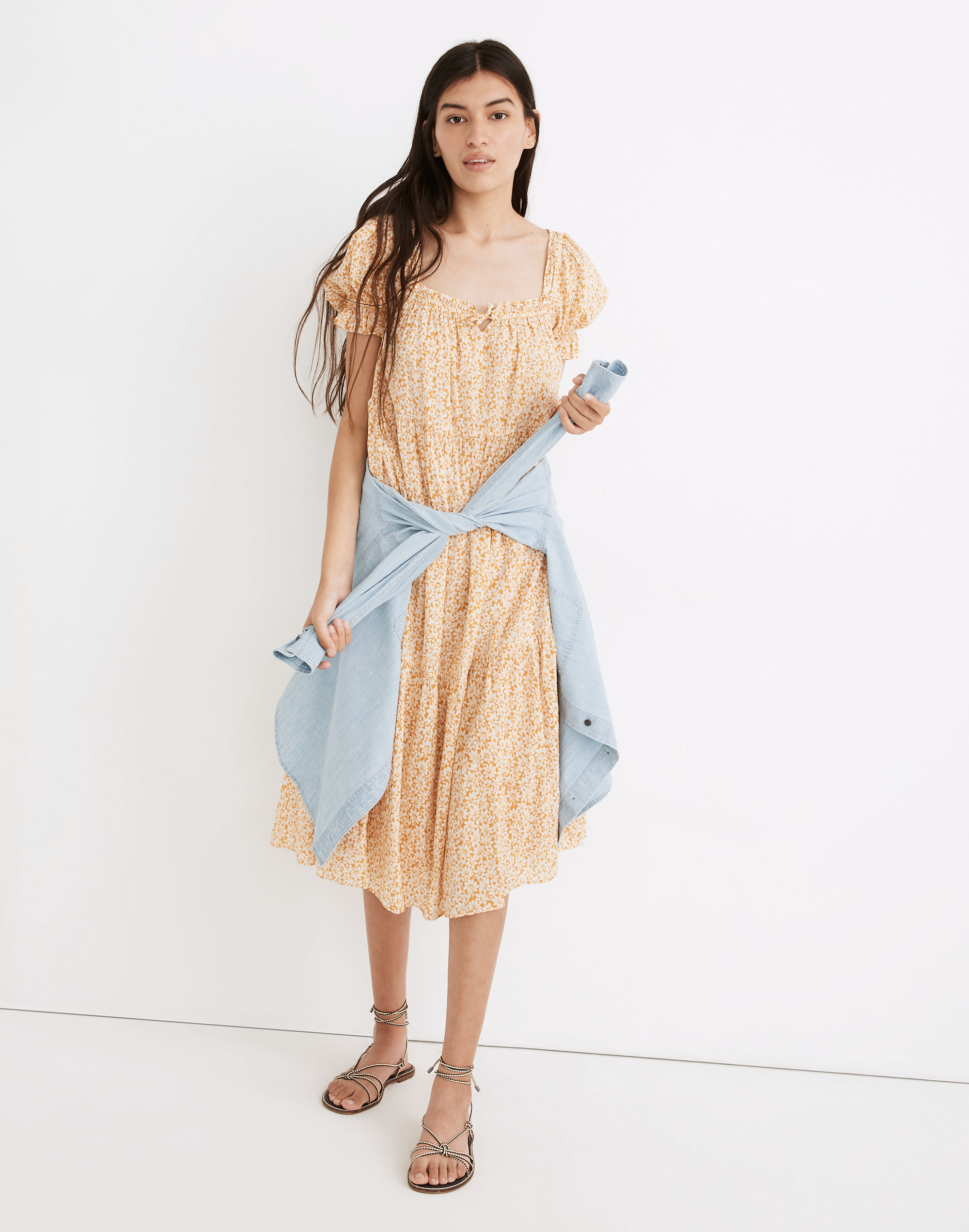 Floral Midi Skirt and Lace-up Blouse - MEMORANDUM