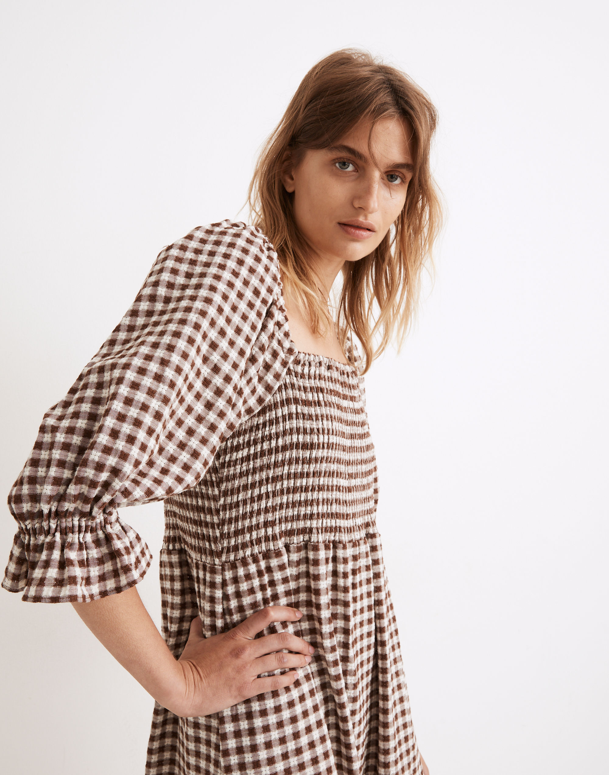 Lucie Elbow-Sleeve Smocked Midi Dress Gingham | Madewell