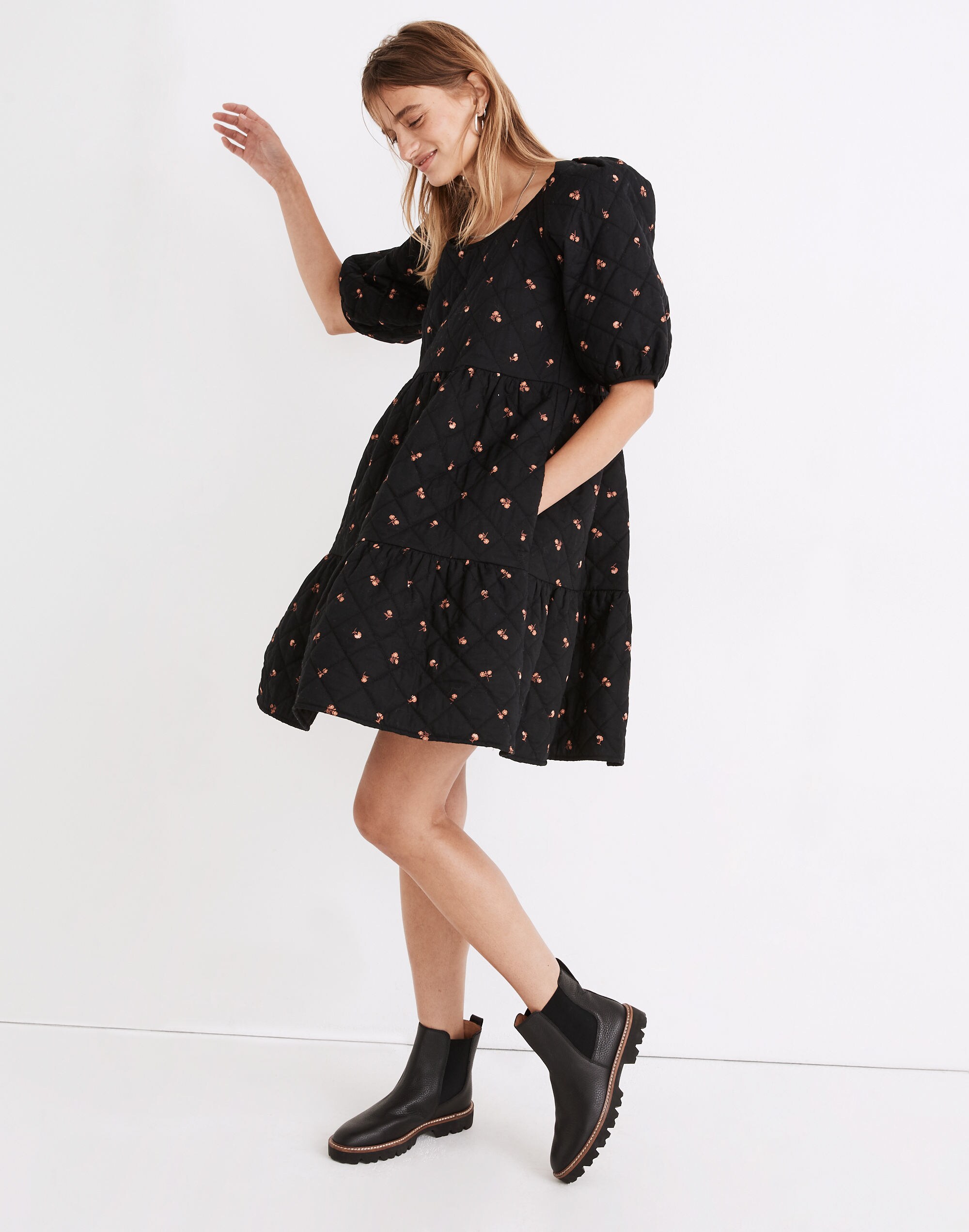 Quilted Puff-Sleeve Mini Dress in Amie Floral