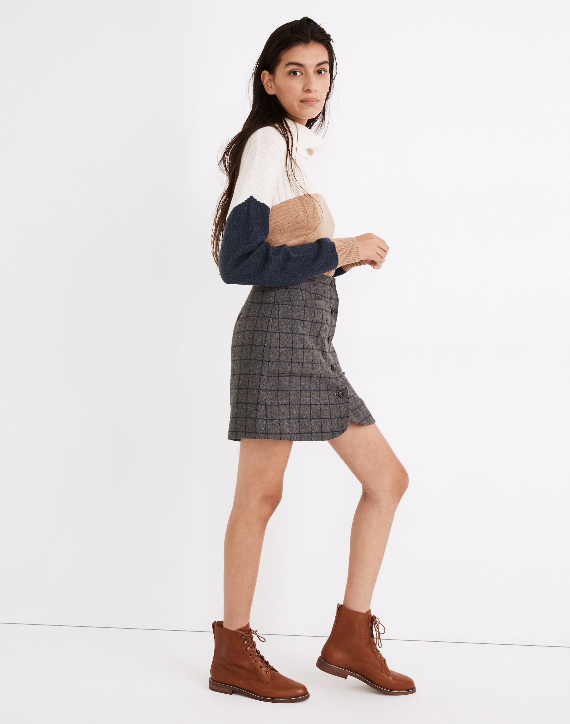 Asymmetrical Side-Button Mini Skirt in Windowpane