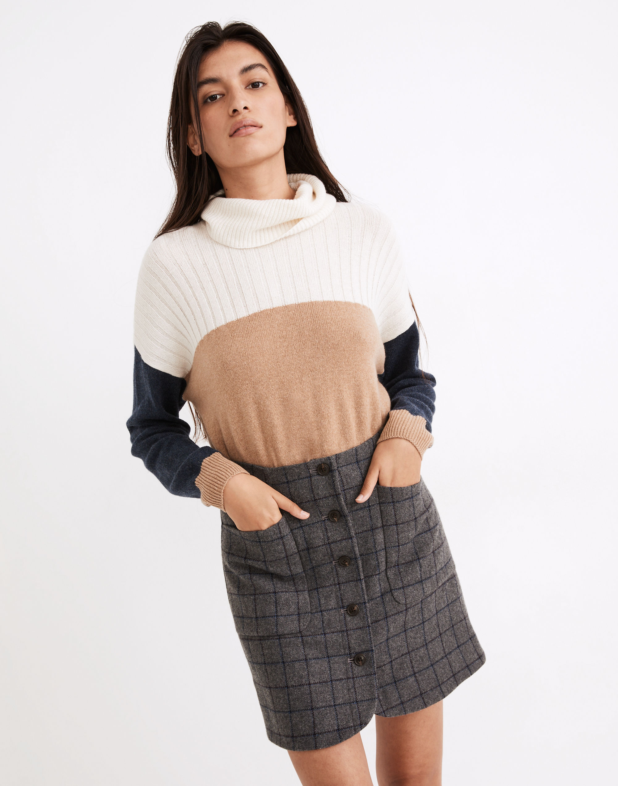 Wool Button-Front Mini Skirt in Windowpane