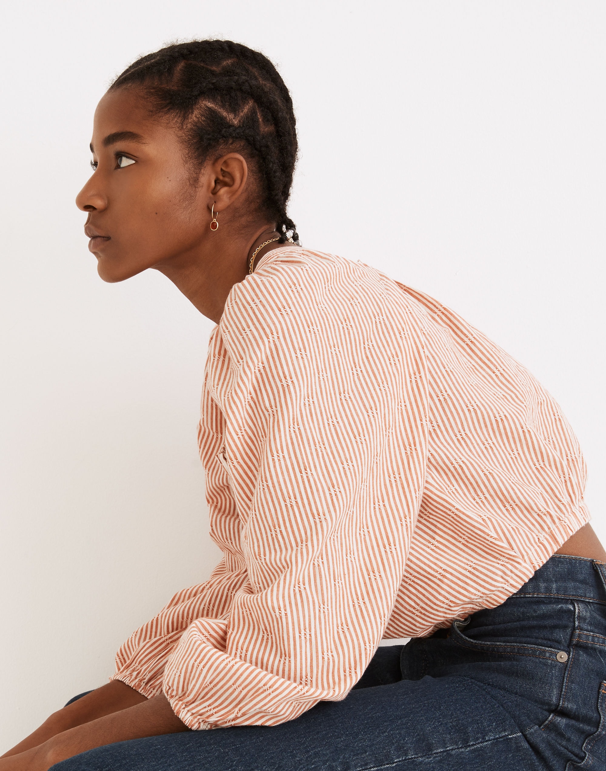 Puff-Sleeve Button-Front Crop Top Embroidered Stripe | Madewell