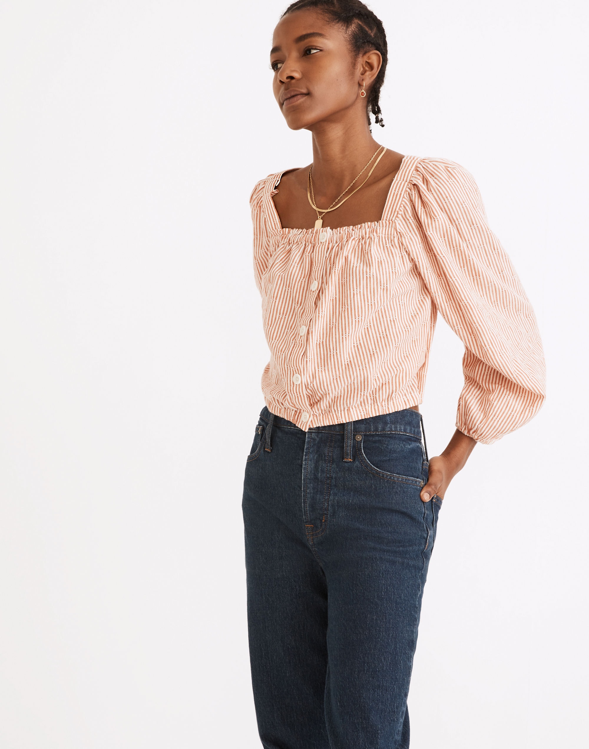 Puff-Sleeve Button-Front Crop Top Embroidered Stripe | Madewell