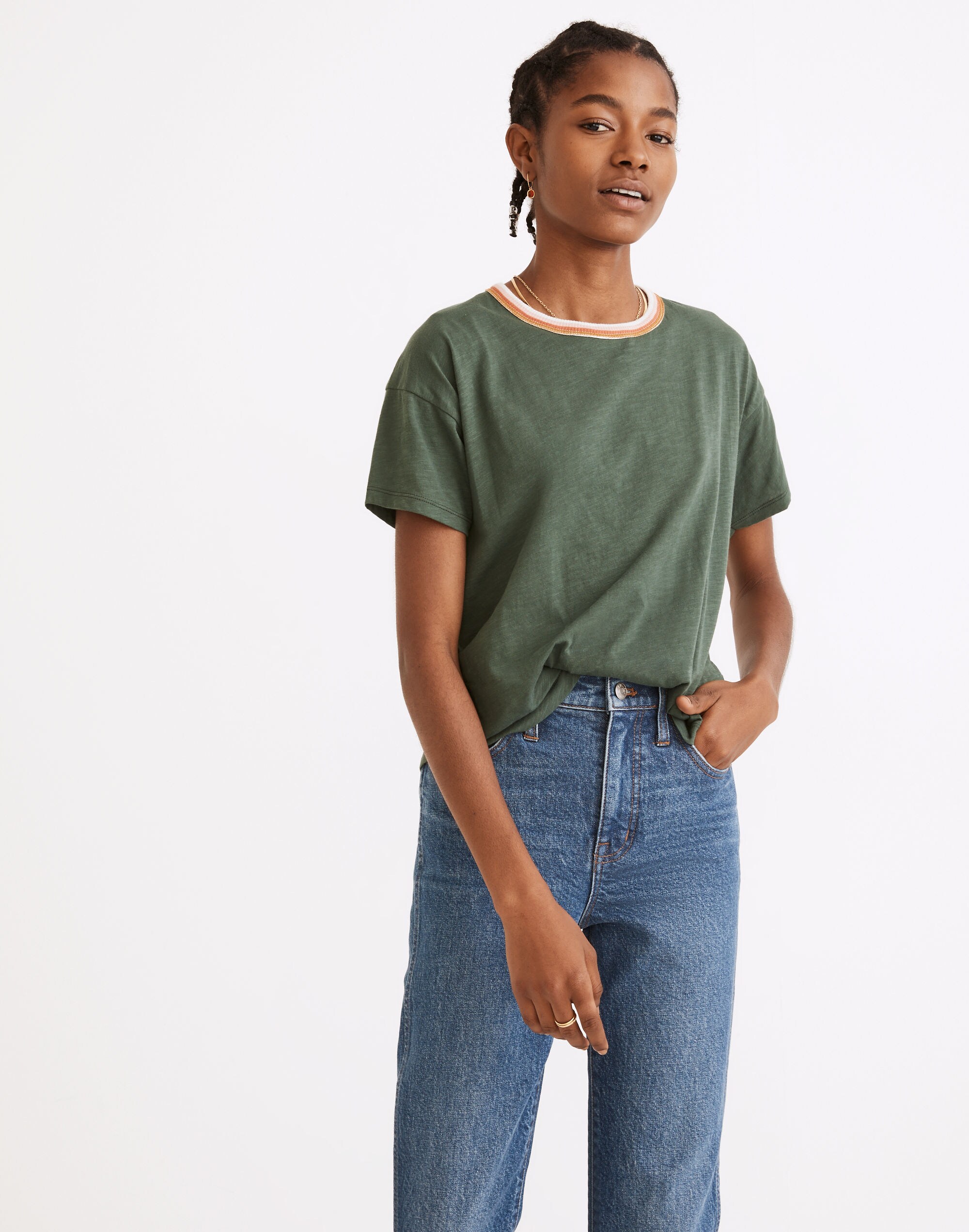 Whisper Cotton Rib-Crewneck Ringer Tee | Madewell