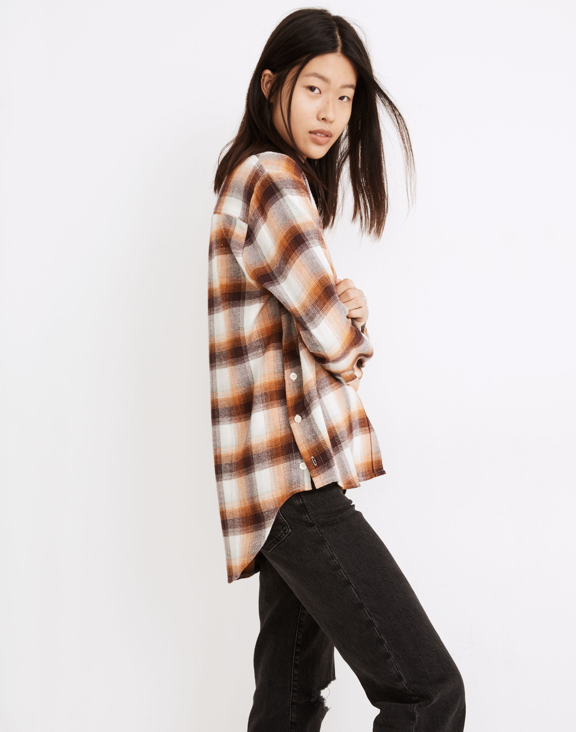 Flannel Side-Button Oversized Ex-Boyfriend Shirt Bickett Plaid | Madewell