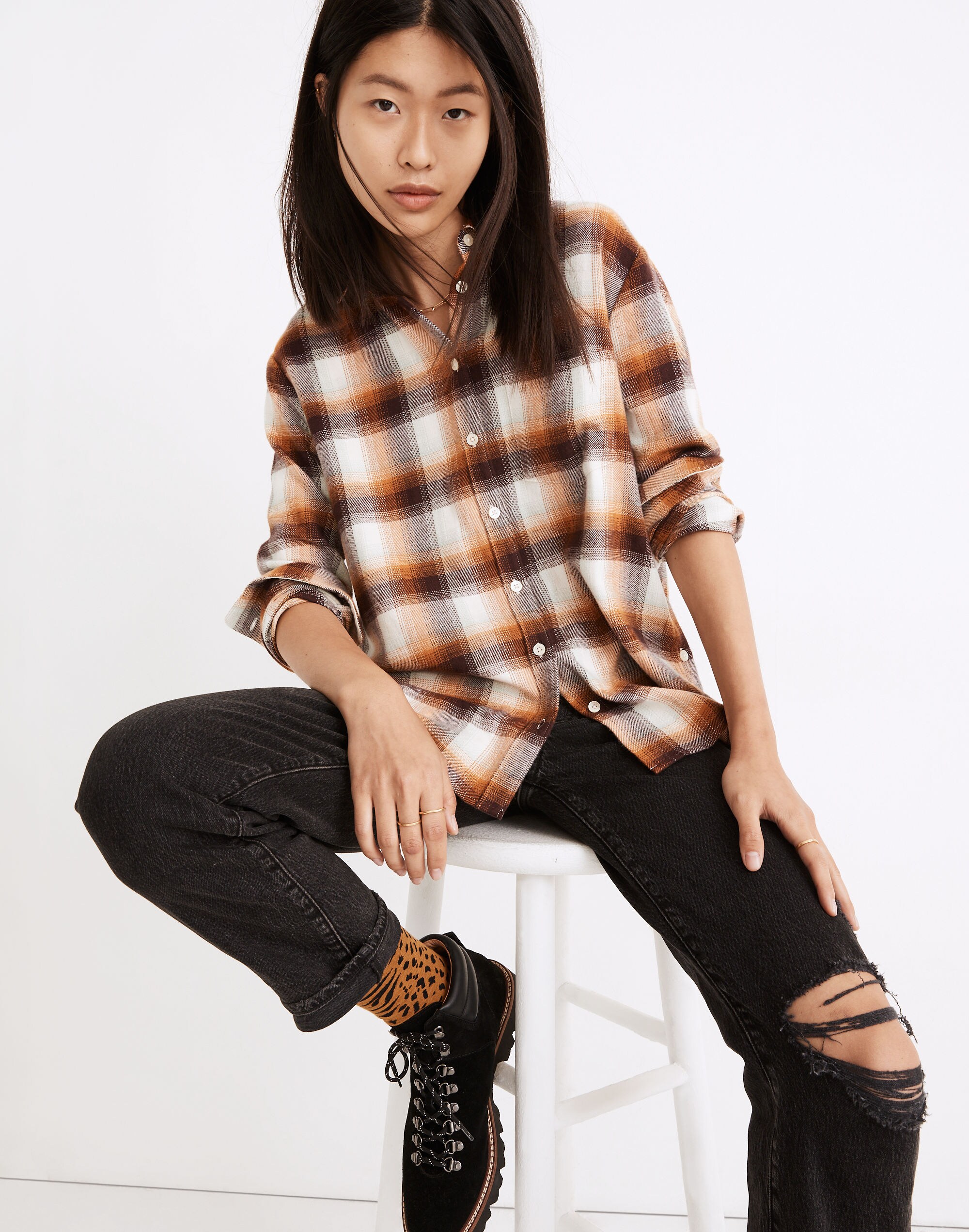 Flannel Side-Button Oversized Ex-Boyfriend Shirt Bickett Plaid | Madewell