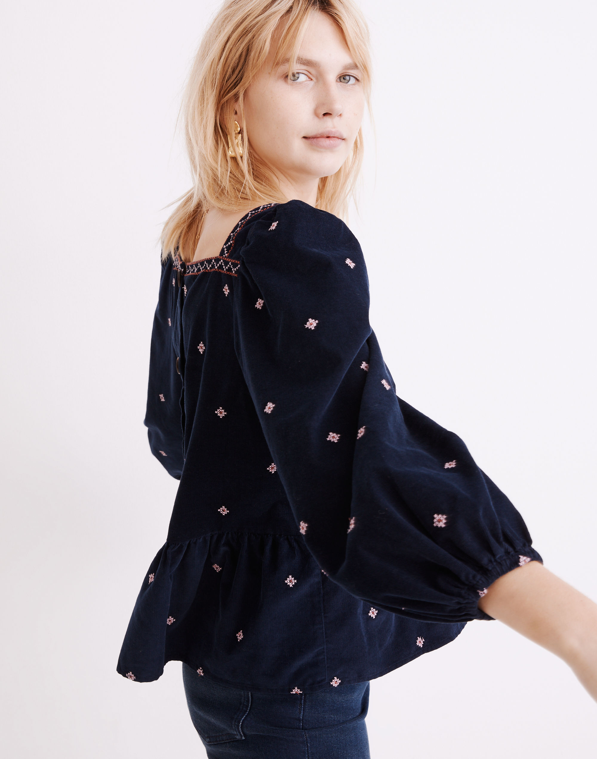 Embroidered Corduroy Button-Back Peplum Top | Madewell