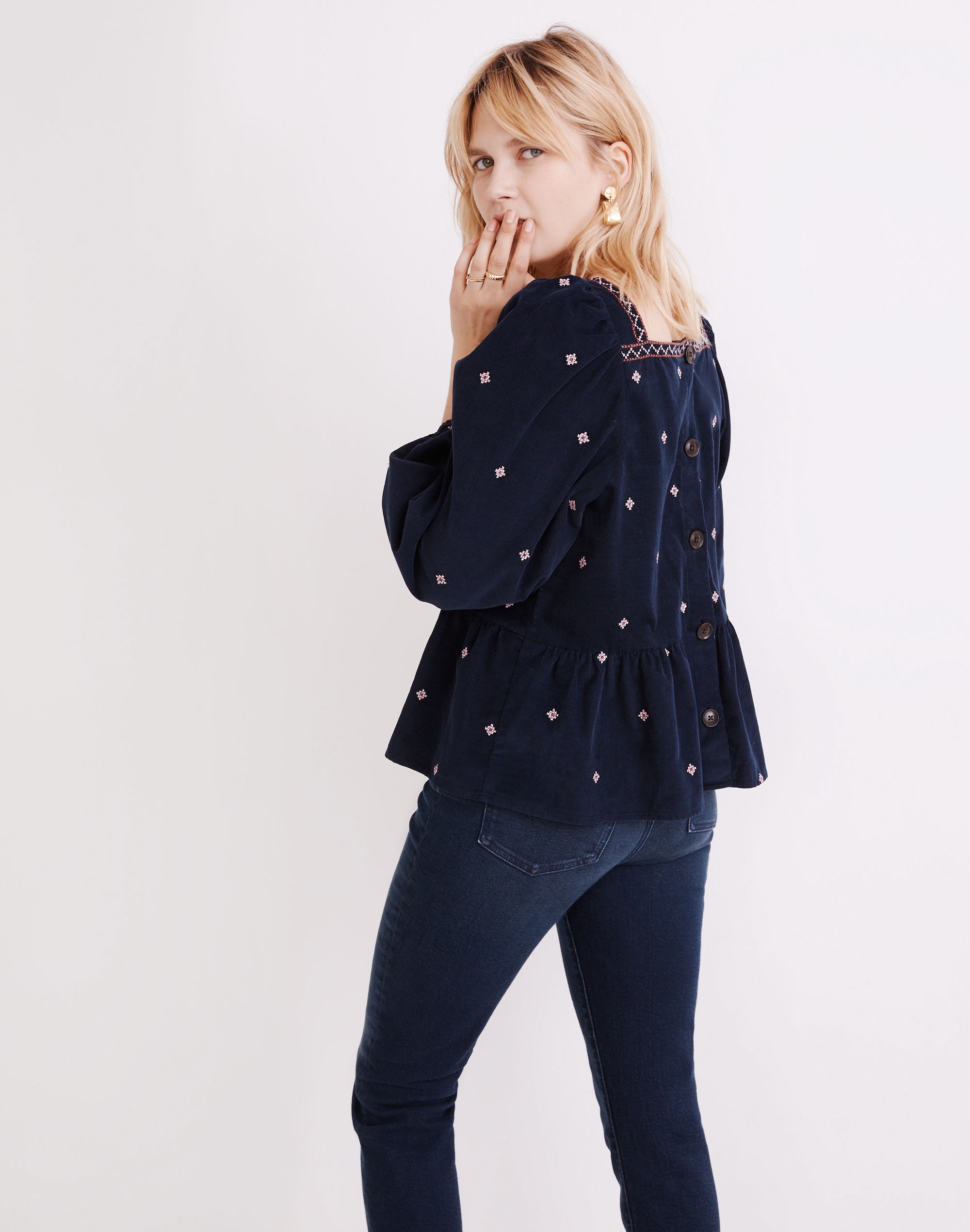 Embroidered Corduroy Button-Back Peplum Top | Madewell