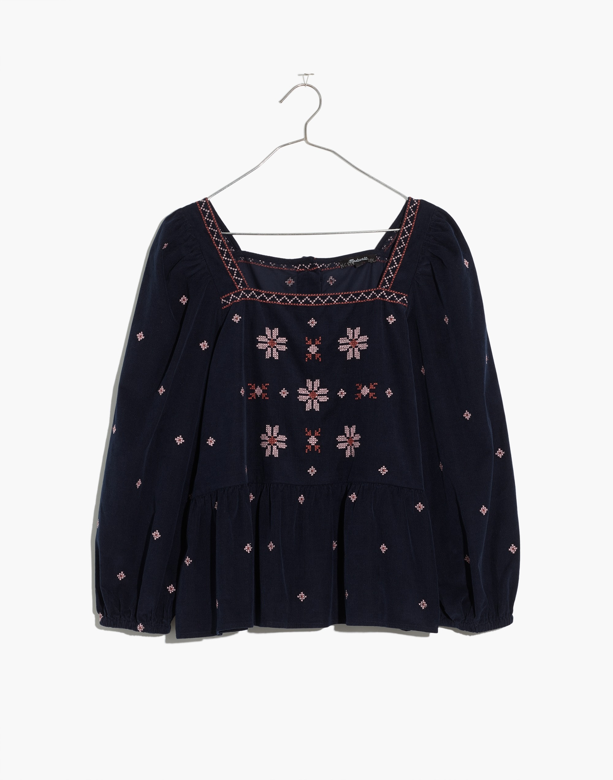 Embroidered Corduroy Button-Back Peplum Top | Madewell