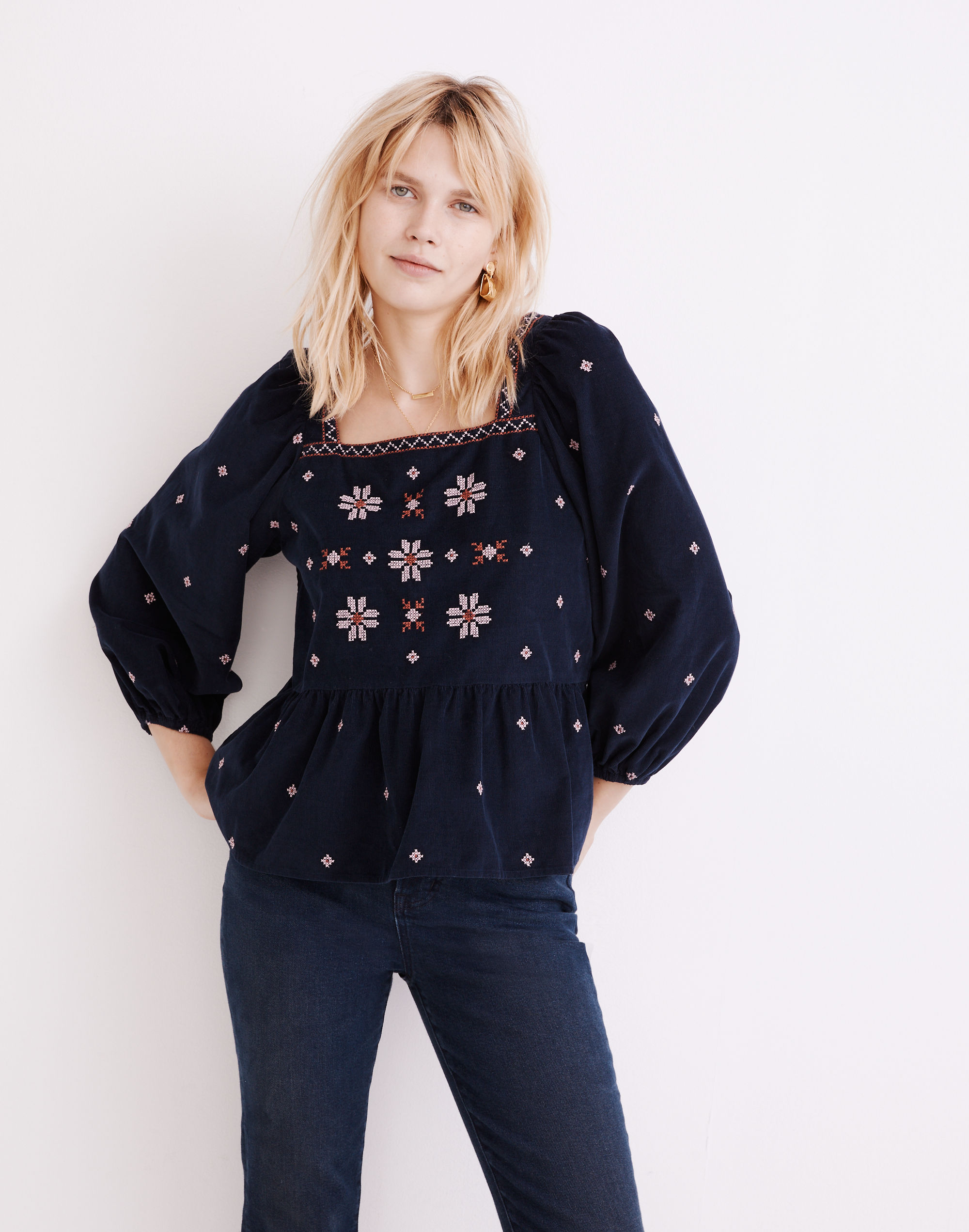 Embroidered Corduroy Button-Back Peplum Top | Madewell