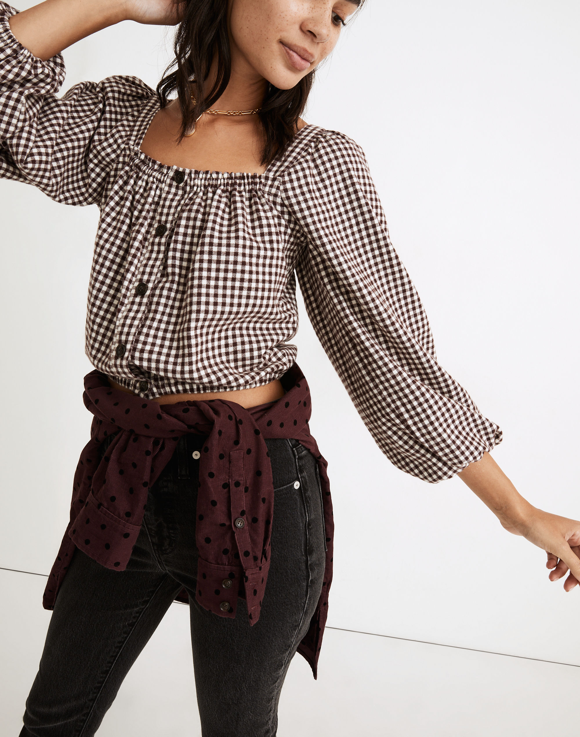 Puff-Sleeve Button-Front Crop Top Plaid | Madewell