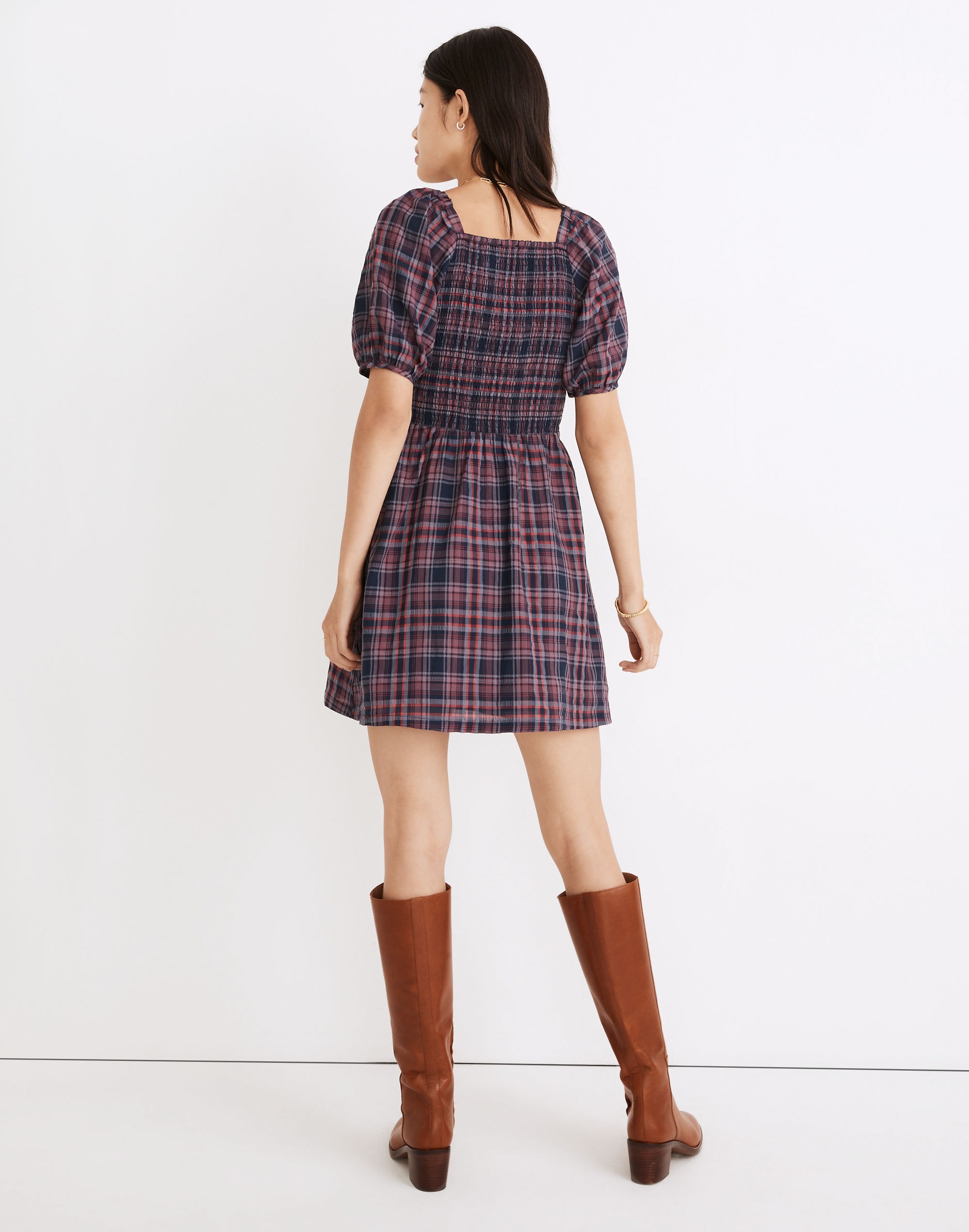 Lucie Puff-Sleeve Smocked Mini Dress Rockfern Plaid | Madewell