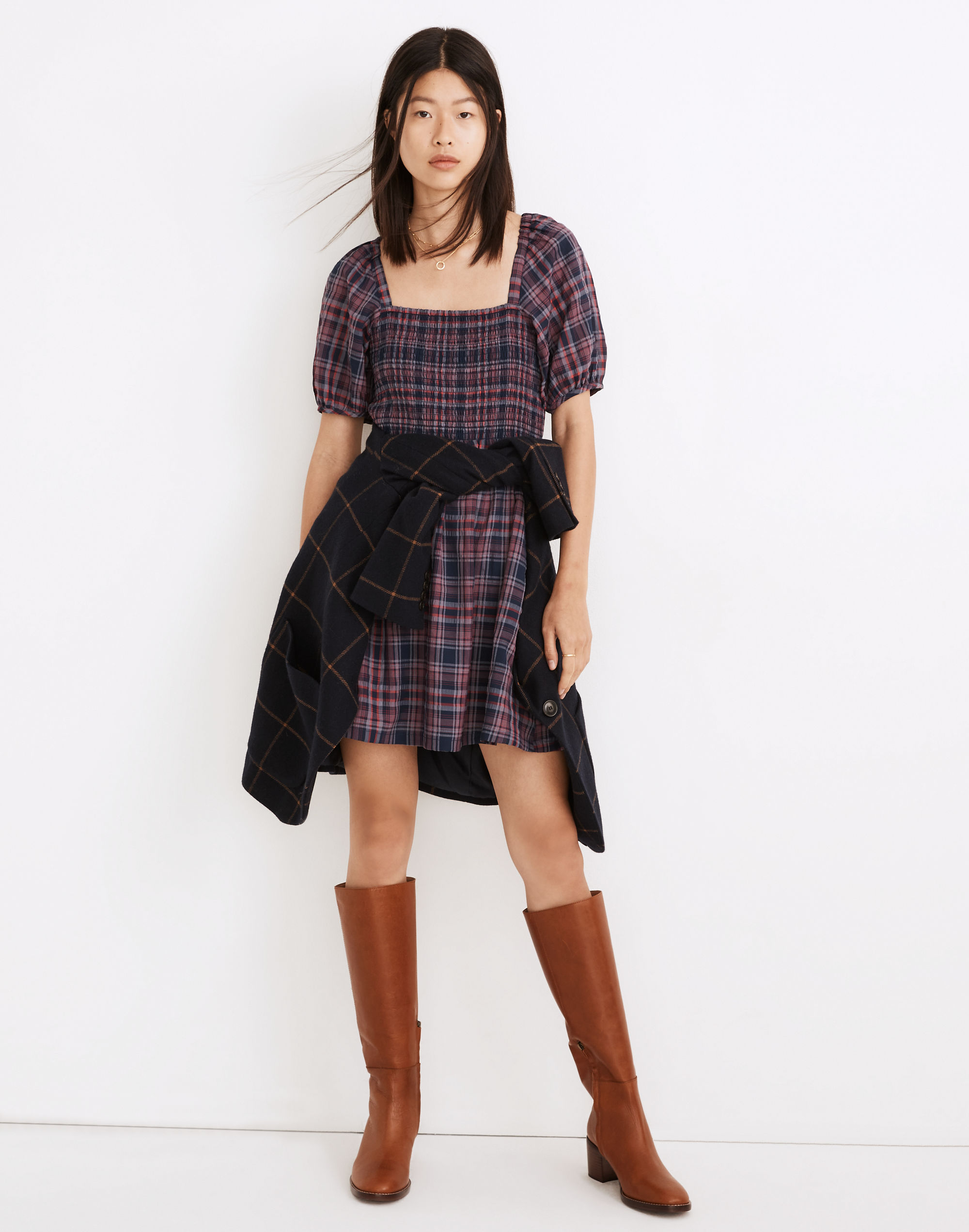 Lucie Puff-Sleeve Smocked Mini Dress in Rockfern Plaid | Madewell