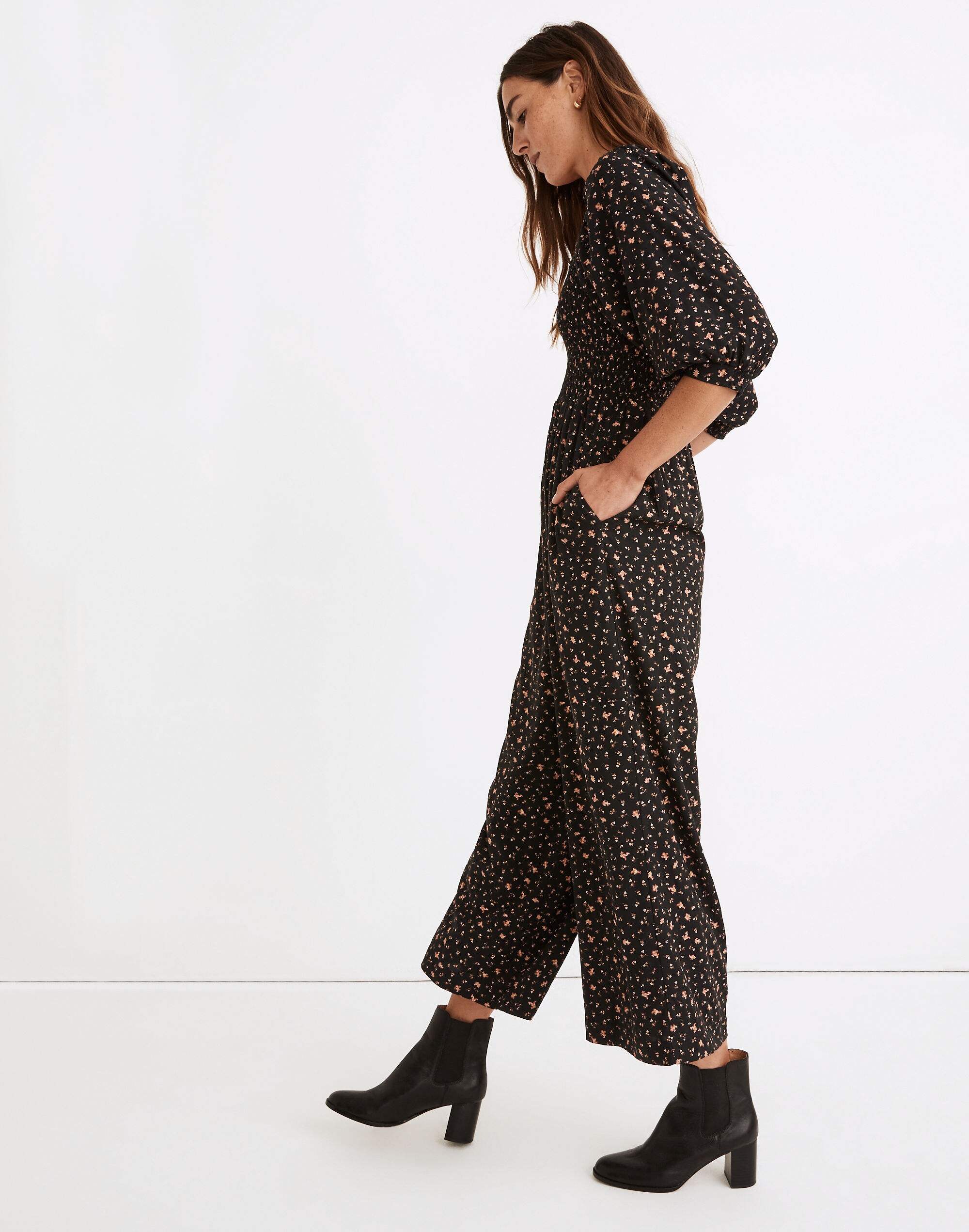 Lucie Elbow-Sleeve Smocked Wide-Leg Jumpsuit Stem Scatter | Madewell