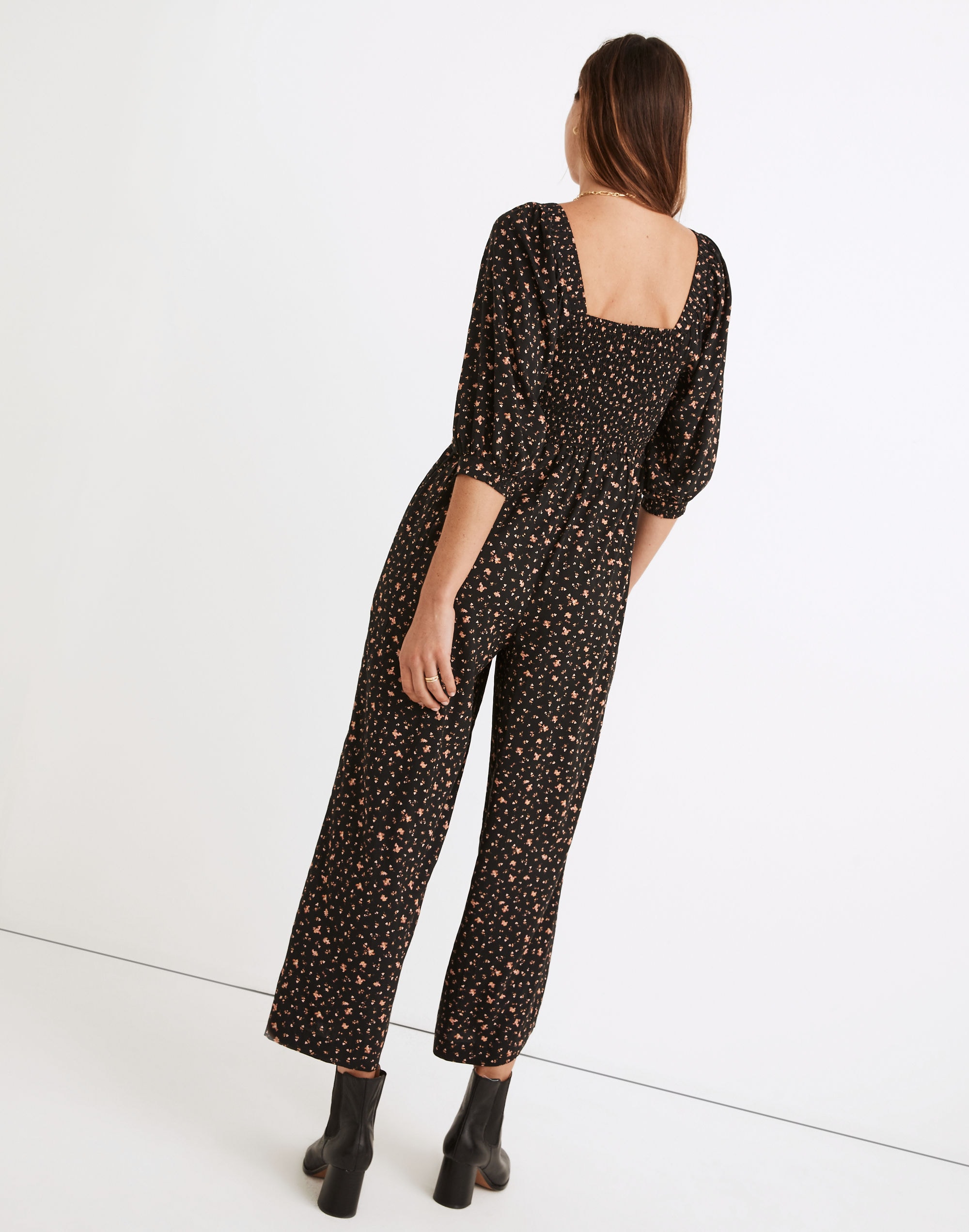 Lucie Elbow-Sleeve Smocked Wide-Leg Jumpsuit in Stem Scatter | Madewell