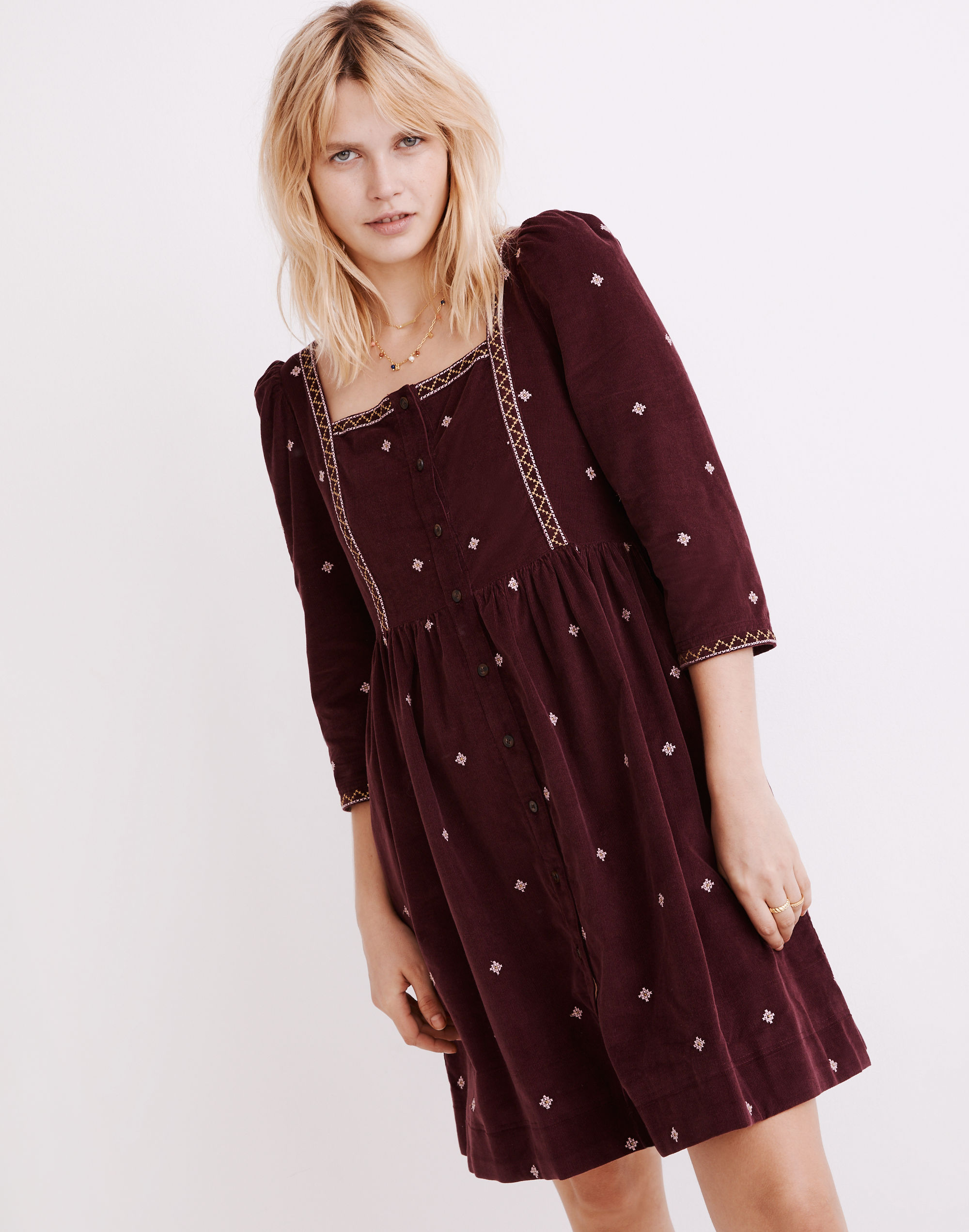 Embroidered Corduroy Button-Front Mini Dress