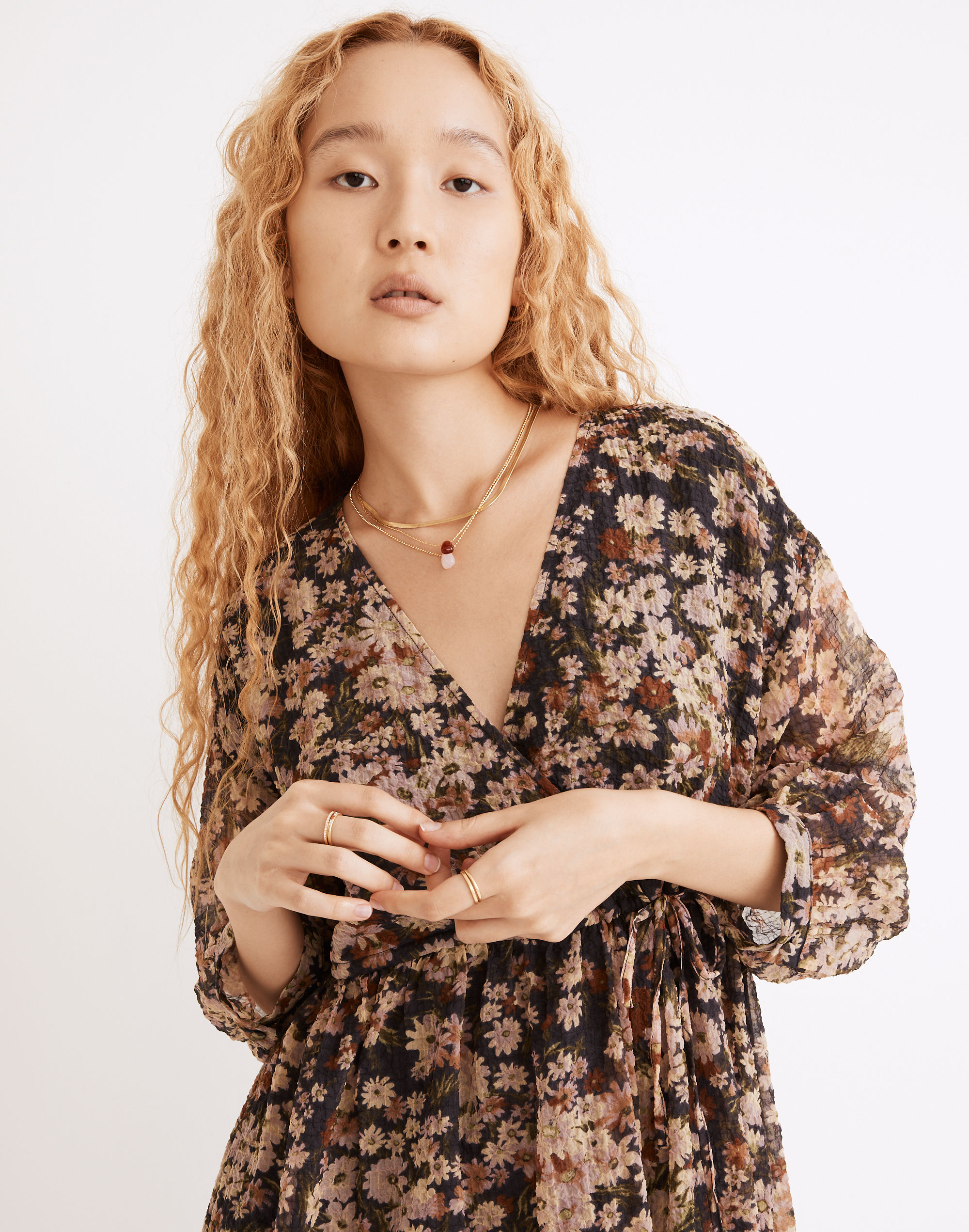 Drawstring Faux-Wrap Mini Dress in Daisy Reverie | Madewell