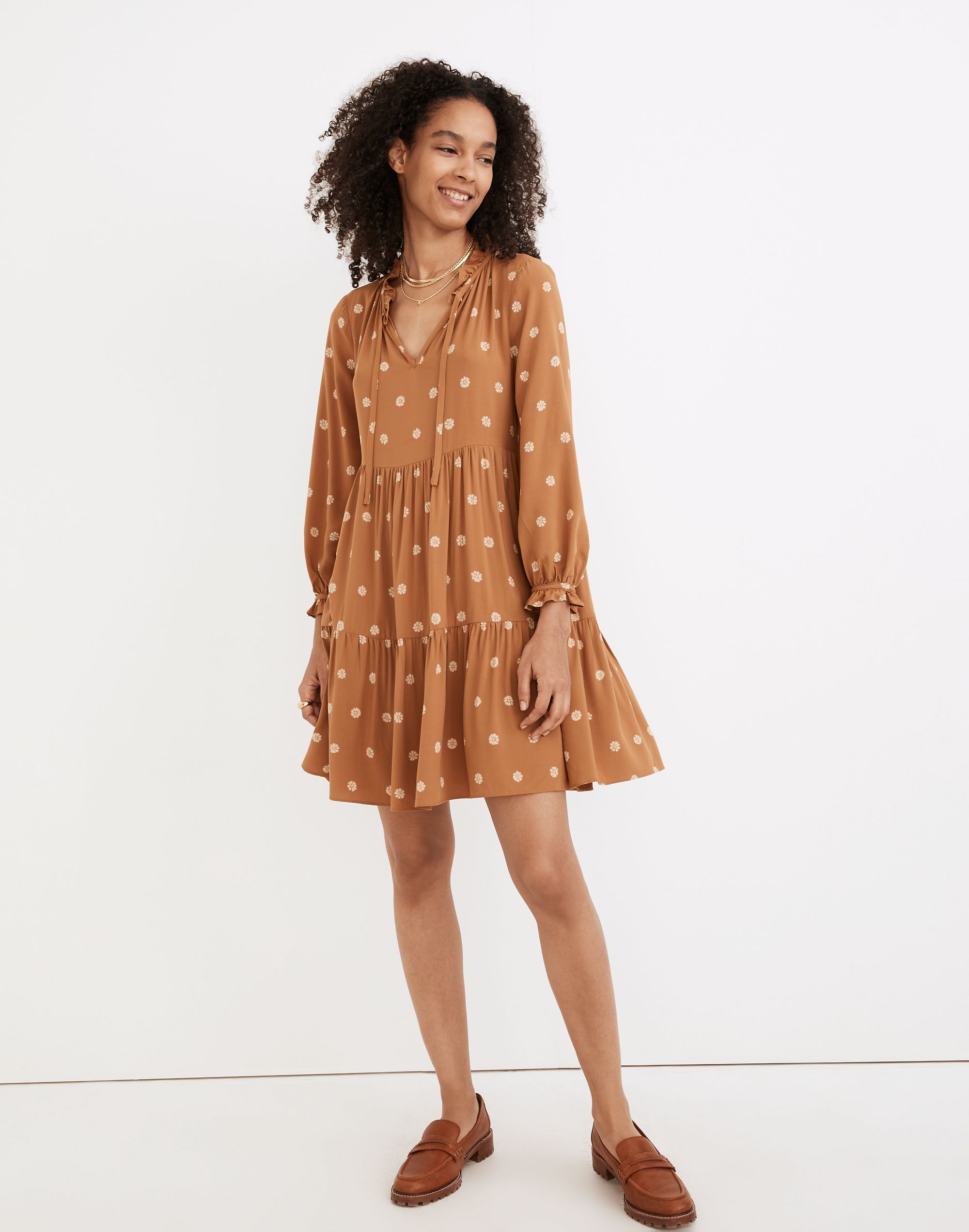 Tie-Neck Tiered Mini Dress in Bloom Dot | Madewell