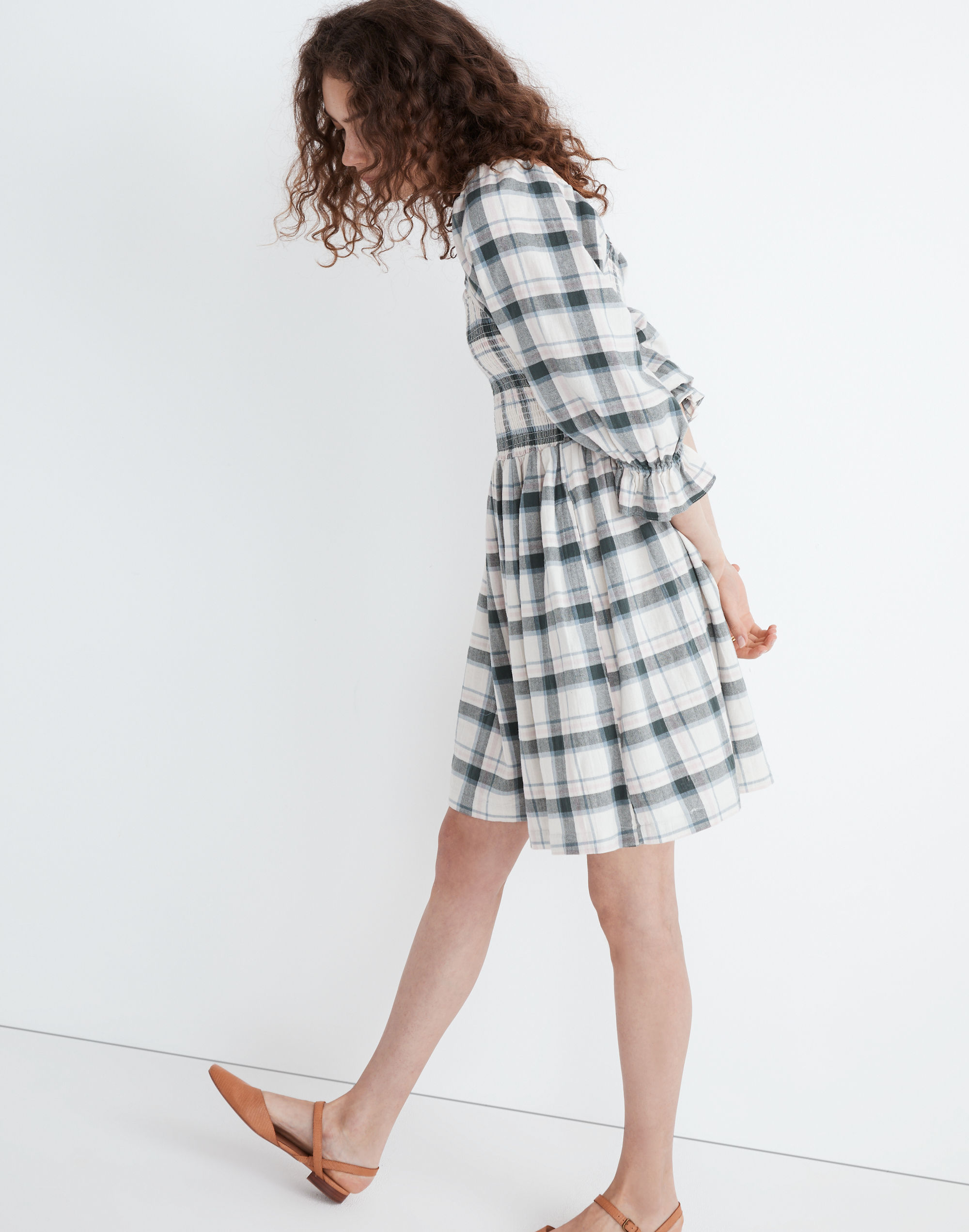 Lucie Elbow-Sleeve Smocked Mini Dress Lebaum Plaid | Madewell