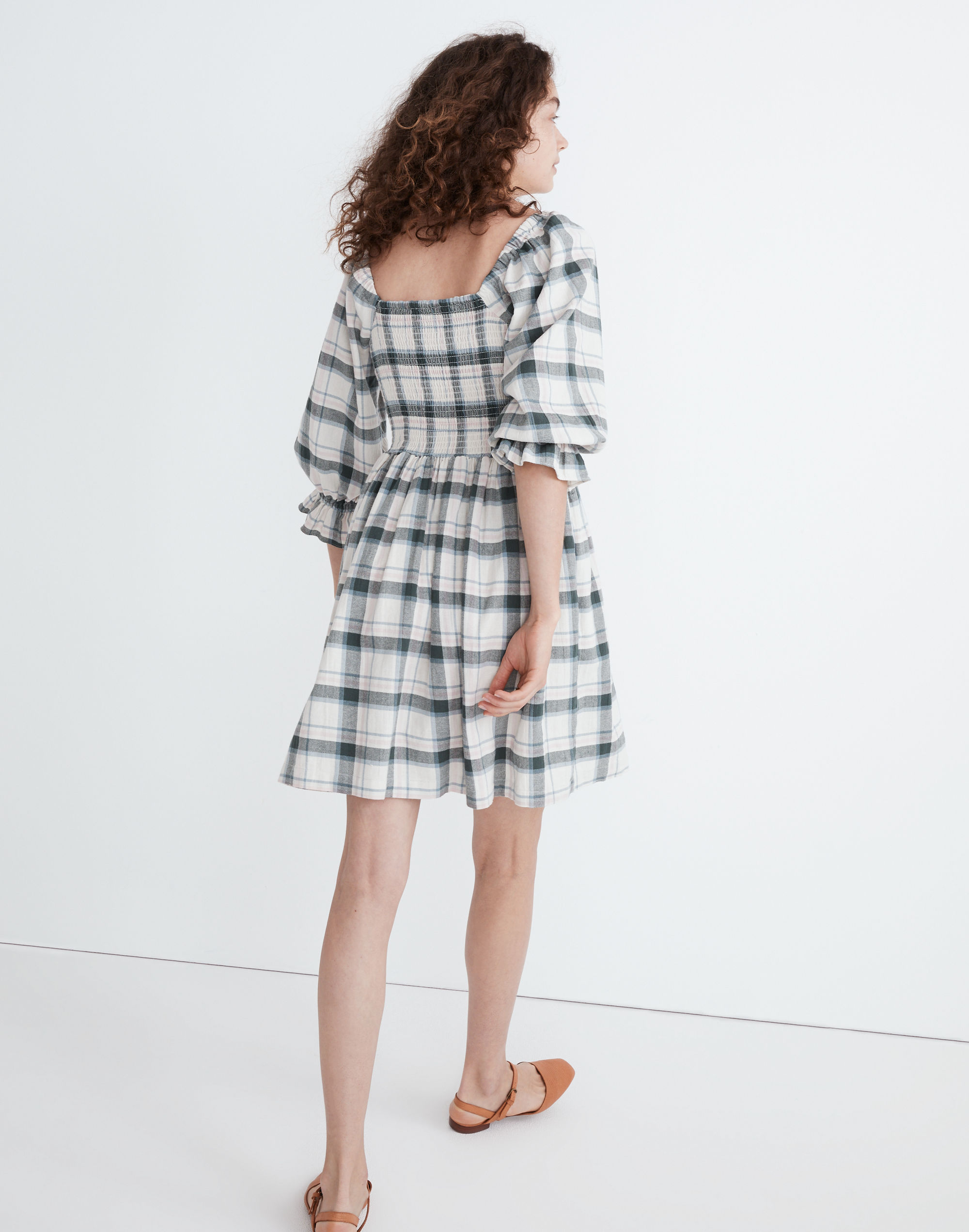 Lucie Elbow-Sleeve Smocked Mini Dress Lebaum Plaid | Madewell