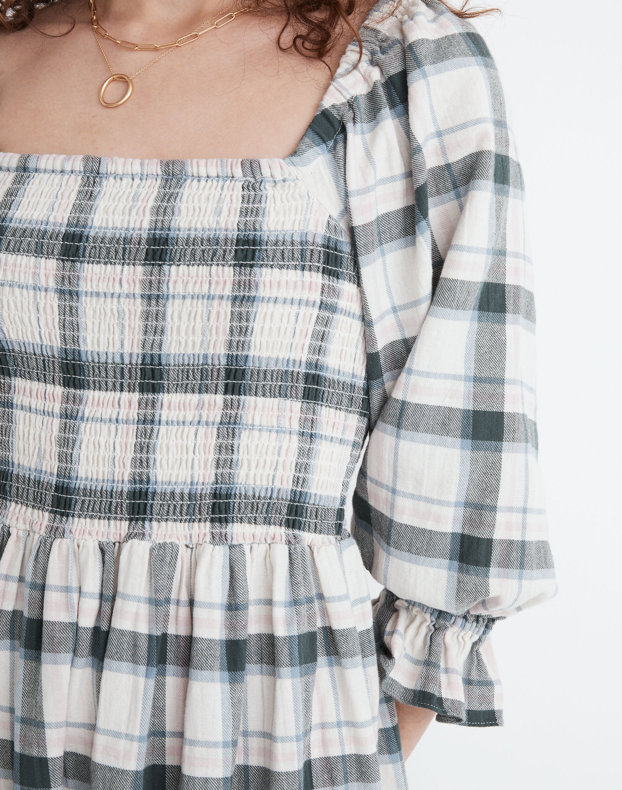 Lucie Elbow-Sleeve Smocked Mini Dress Lebaum Plaid | Madewell