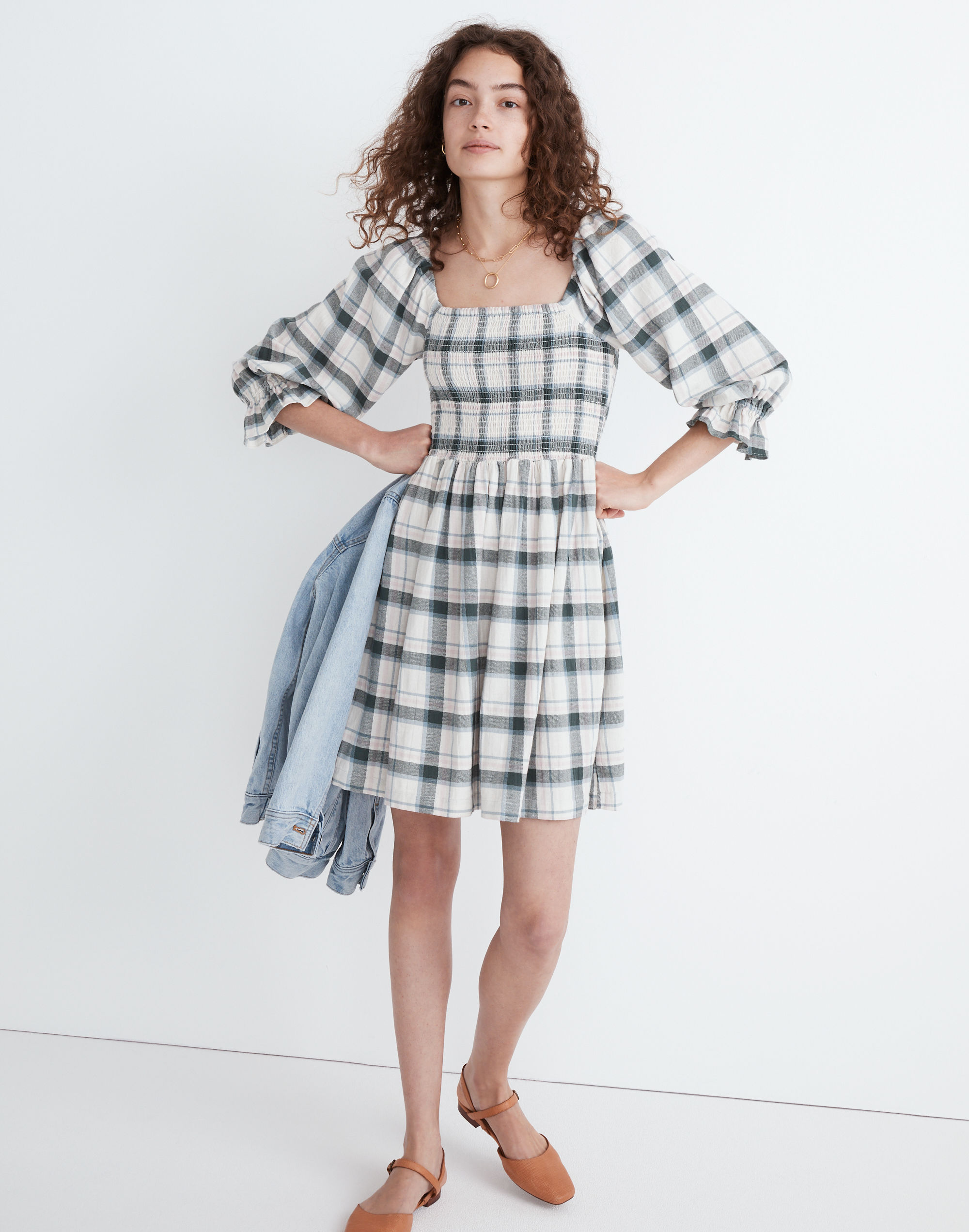 Lucie Elbow-Sleeve Smocked Mini Dress Lebaum Plaid | Madewell