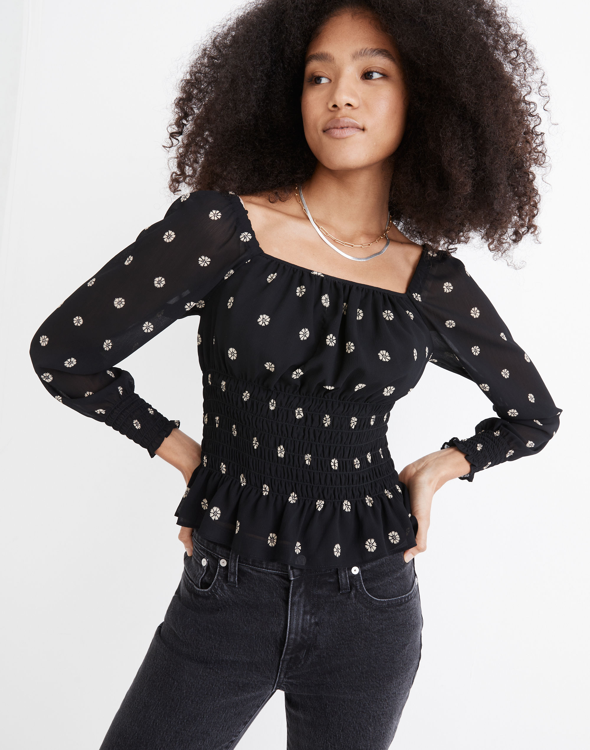 (Re)sourced Georgette Square-Neck Smock-Waist Top Bloom Dot | Madewell