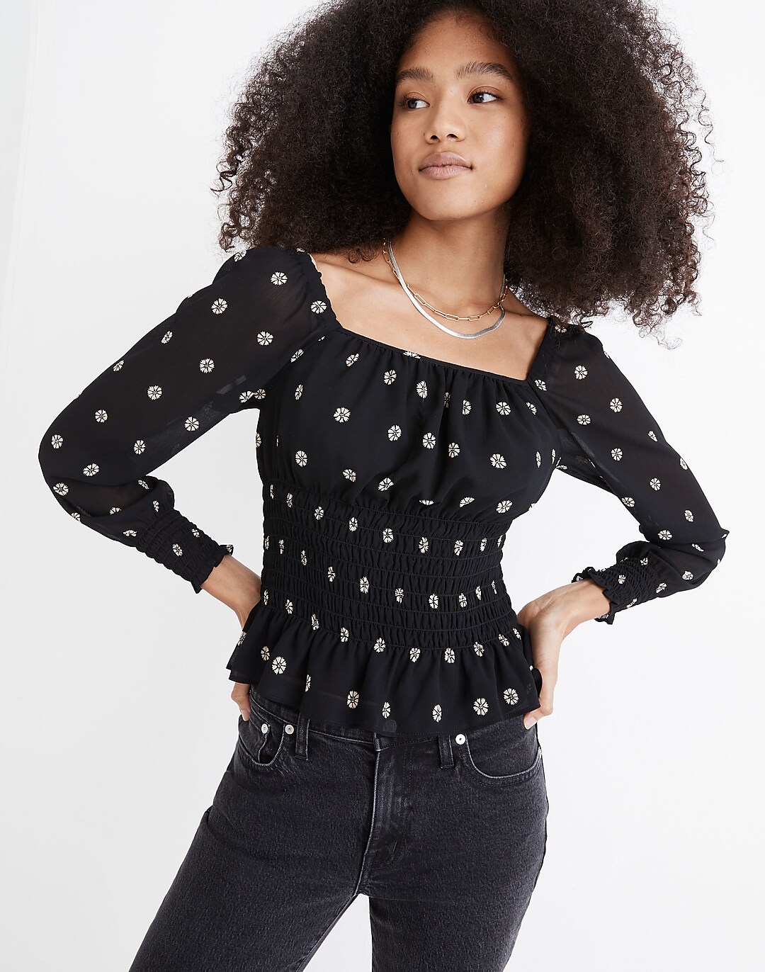 Re)sourced Georgette Square-Neck Smock-Waist Top in Bloom Dot