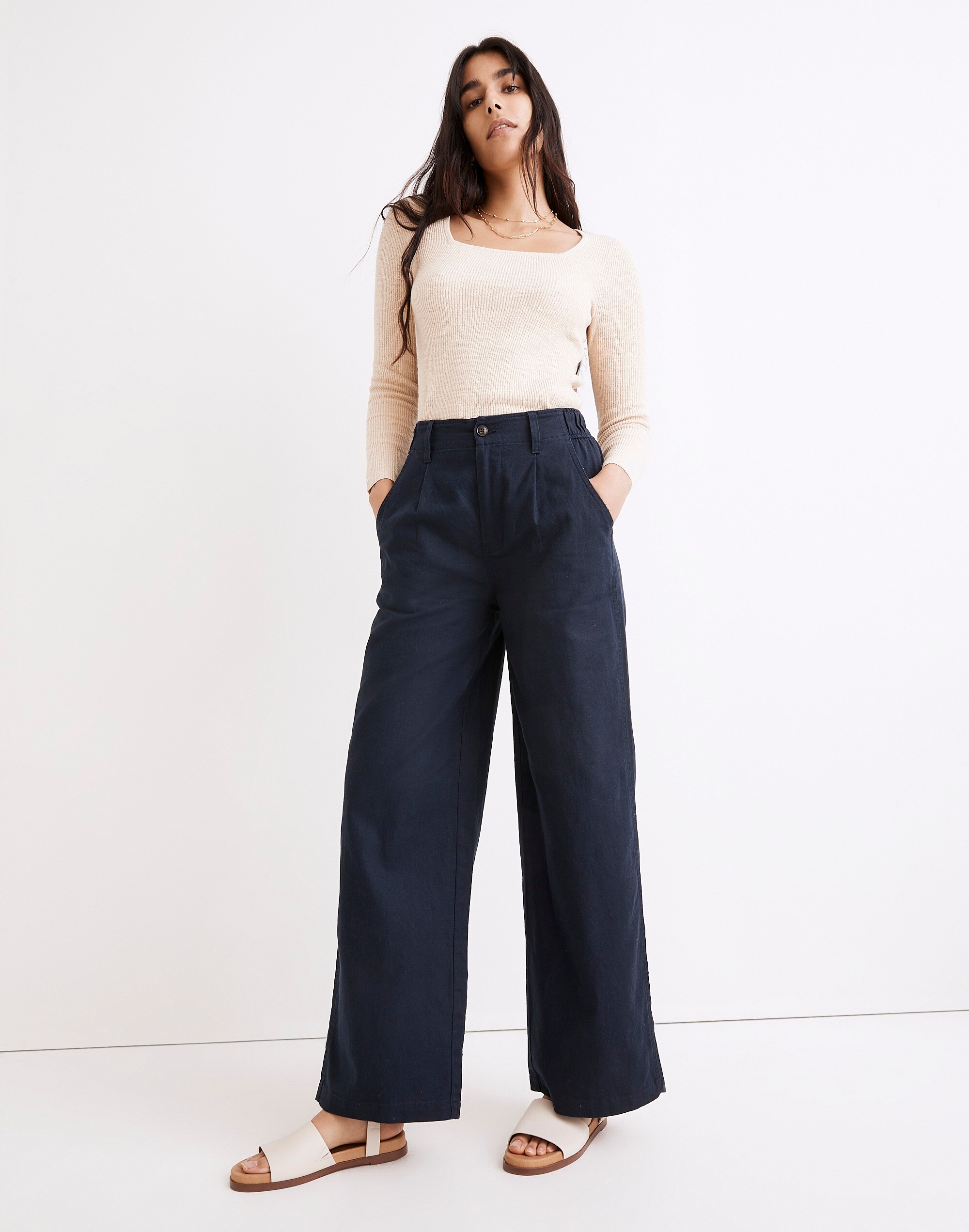 8 By YOOX COTTON-LINEN PLEATED WIDE-LEG PANTS