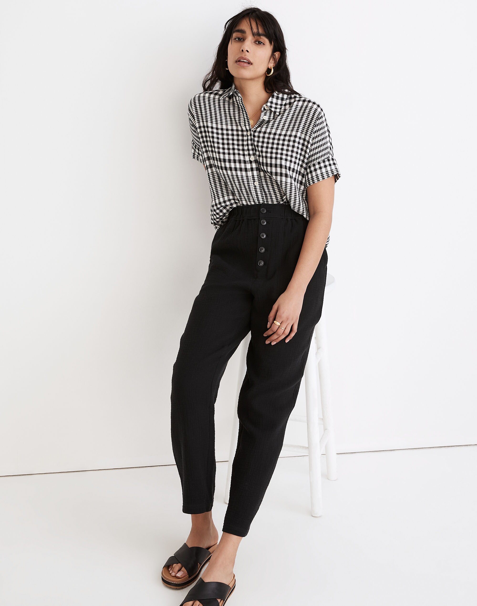 Cotton-Linen Pull-On High-Rise Tapered Pants: Button-Front Edition