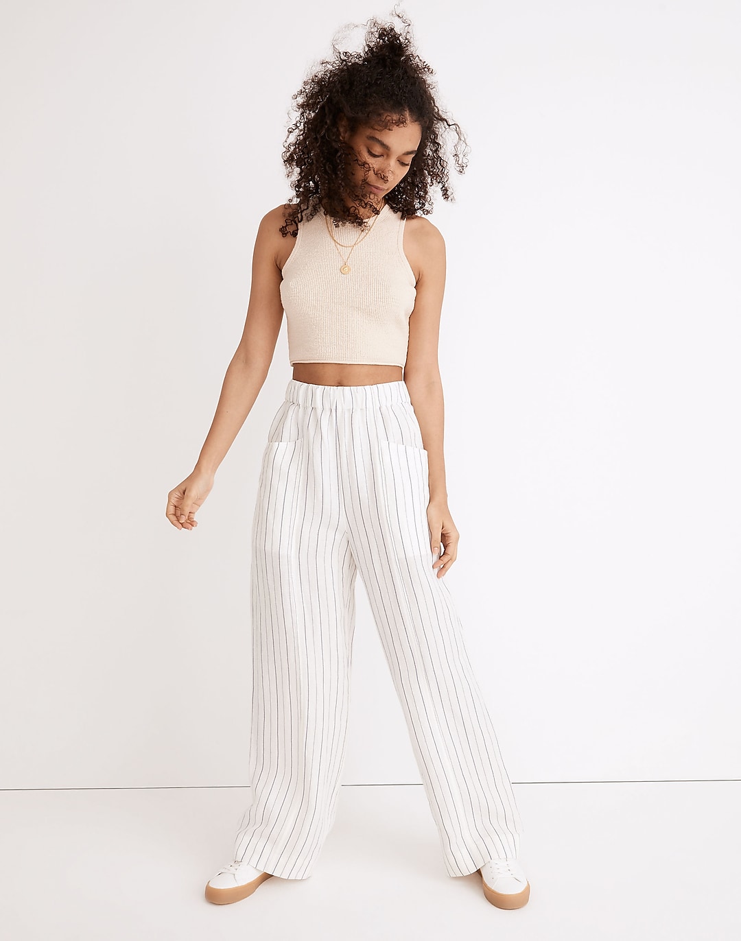 High Waist Straight Wide Leg Striped Design Knit Pants in White