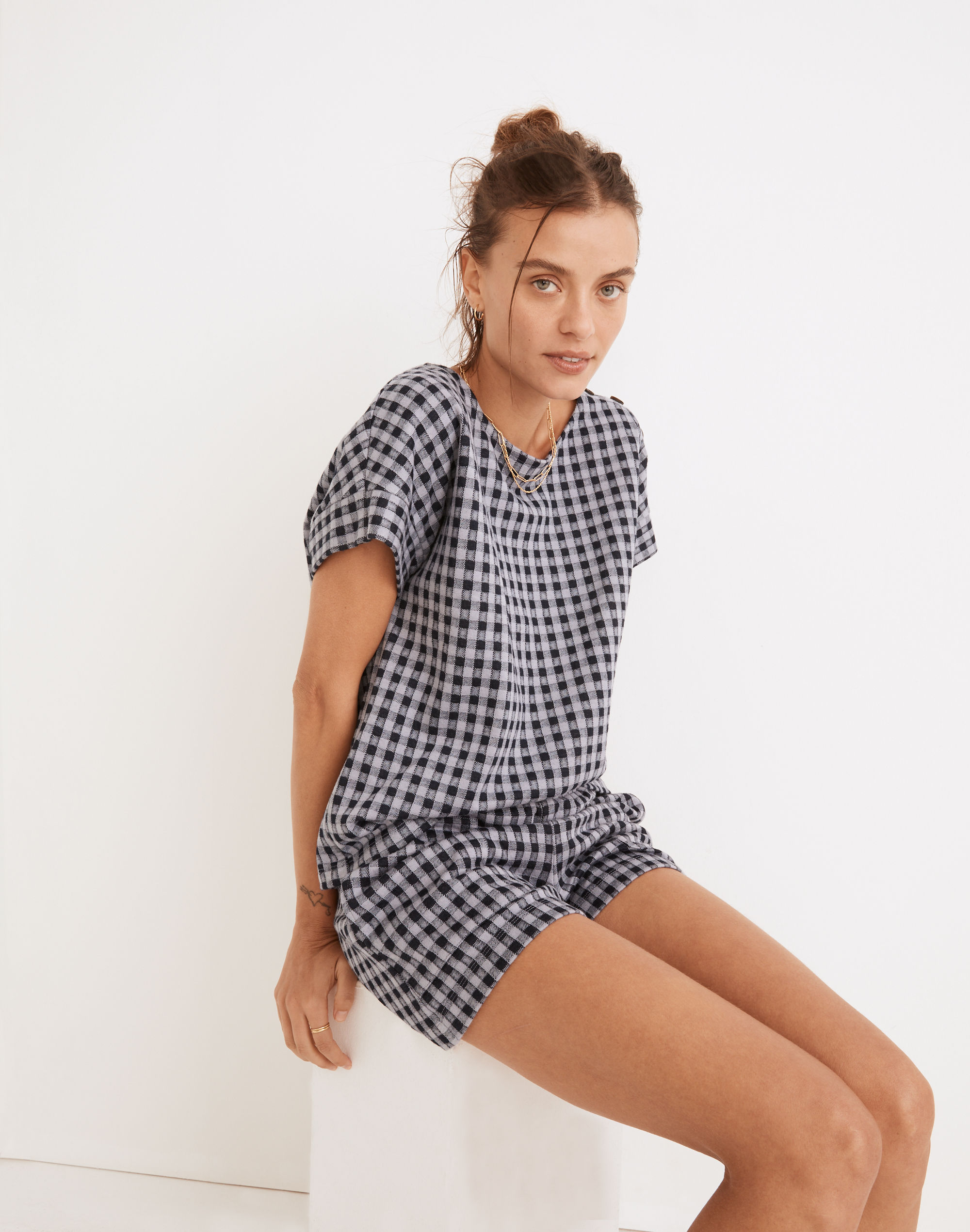 Gingham Knit Seersucker Button-Shoulder Top | Madewell