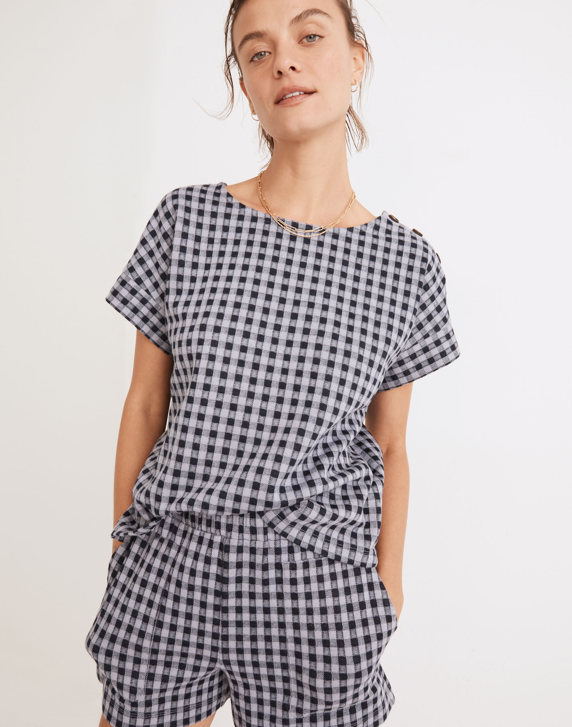 Gingham Knit Seersucker Button-Shoulder Top | Madewell