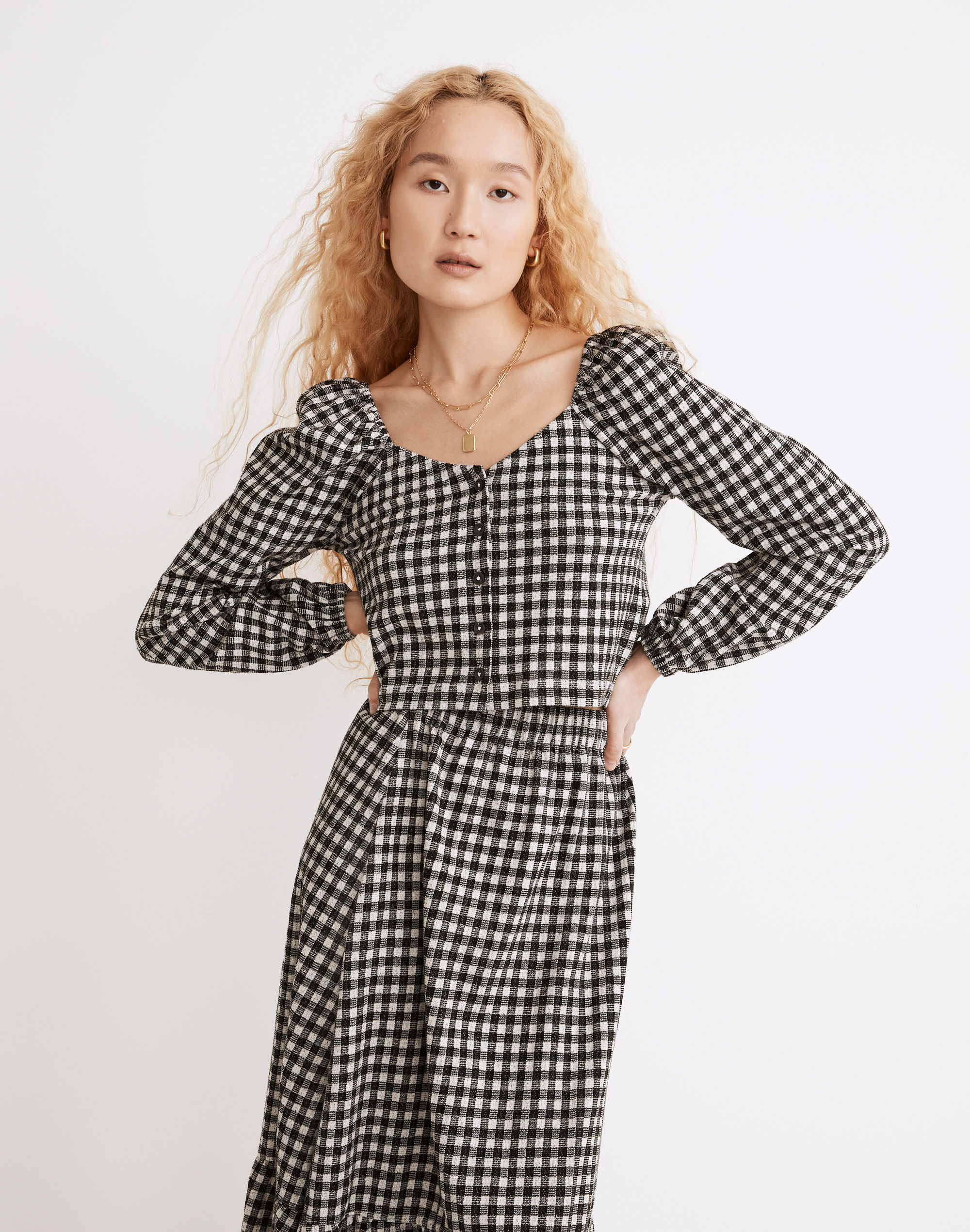Gingham Puff-Sleeve Button-Front Crop Top