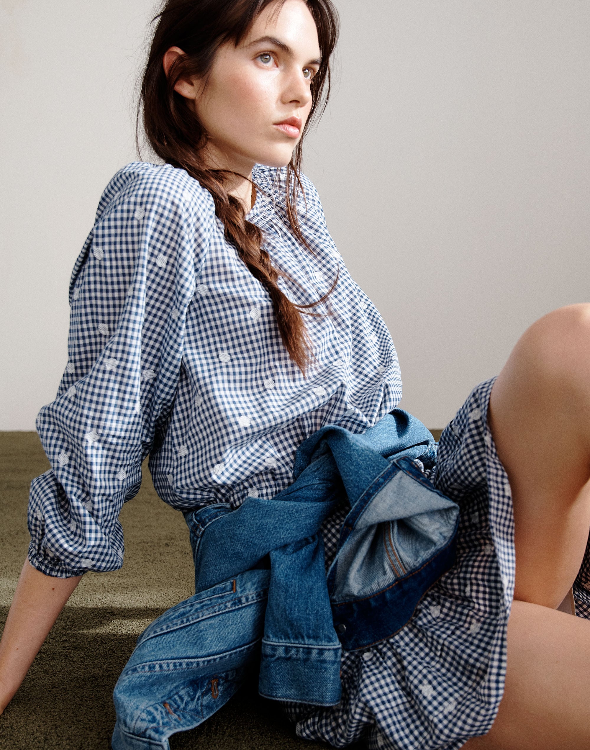 Embroidered Button-Back Shirt in Gingham Check