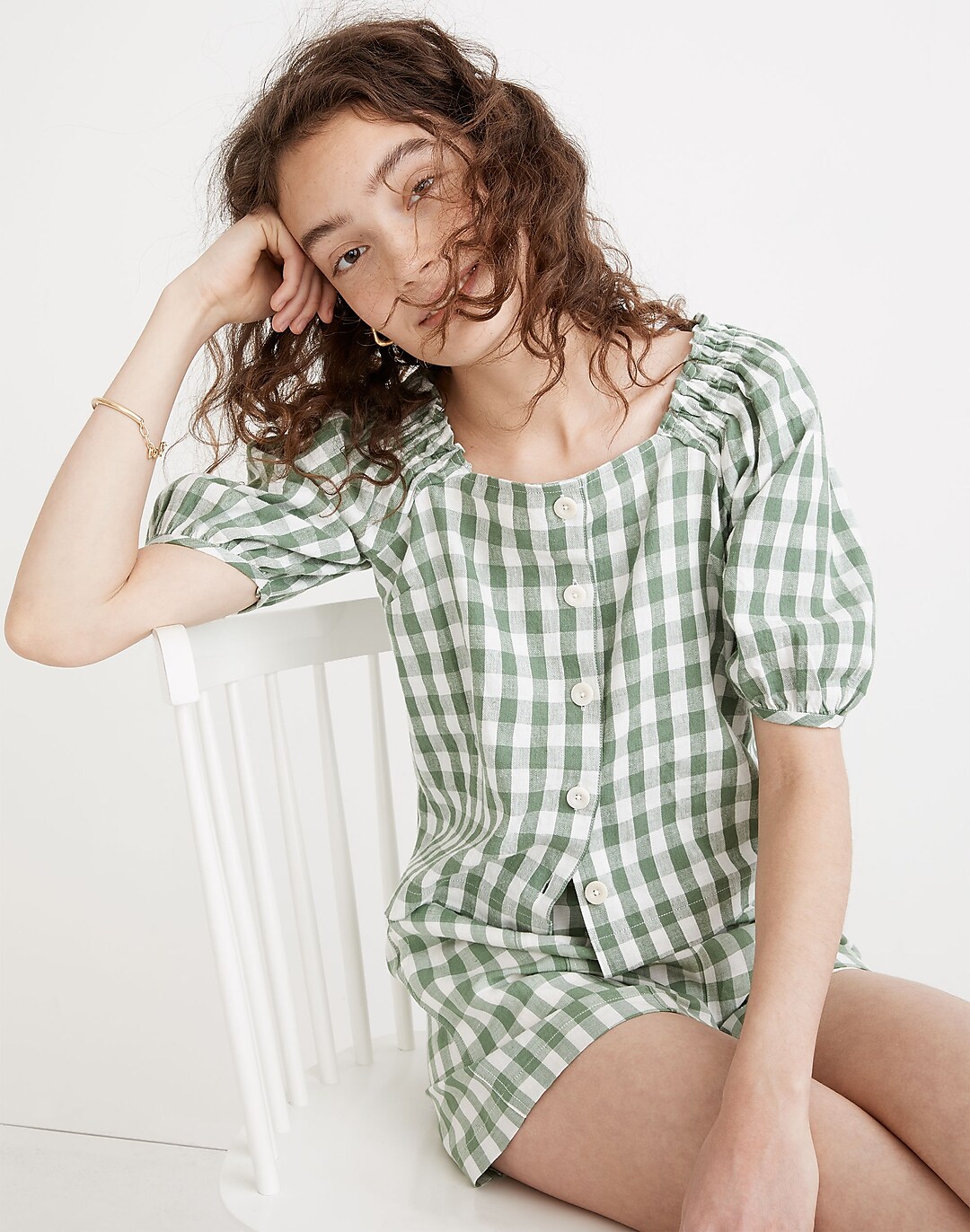 Linen-Cotton Square-Neck Button-Front Top in Gingham Check