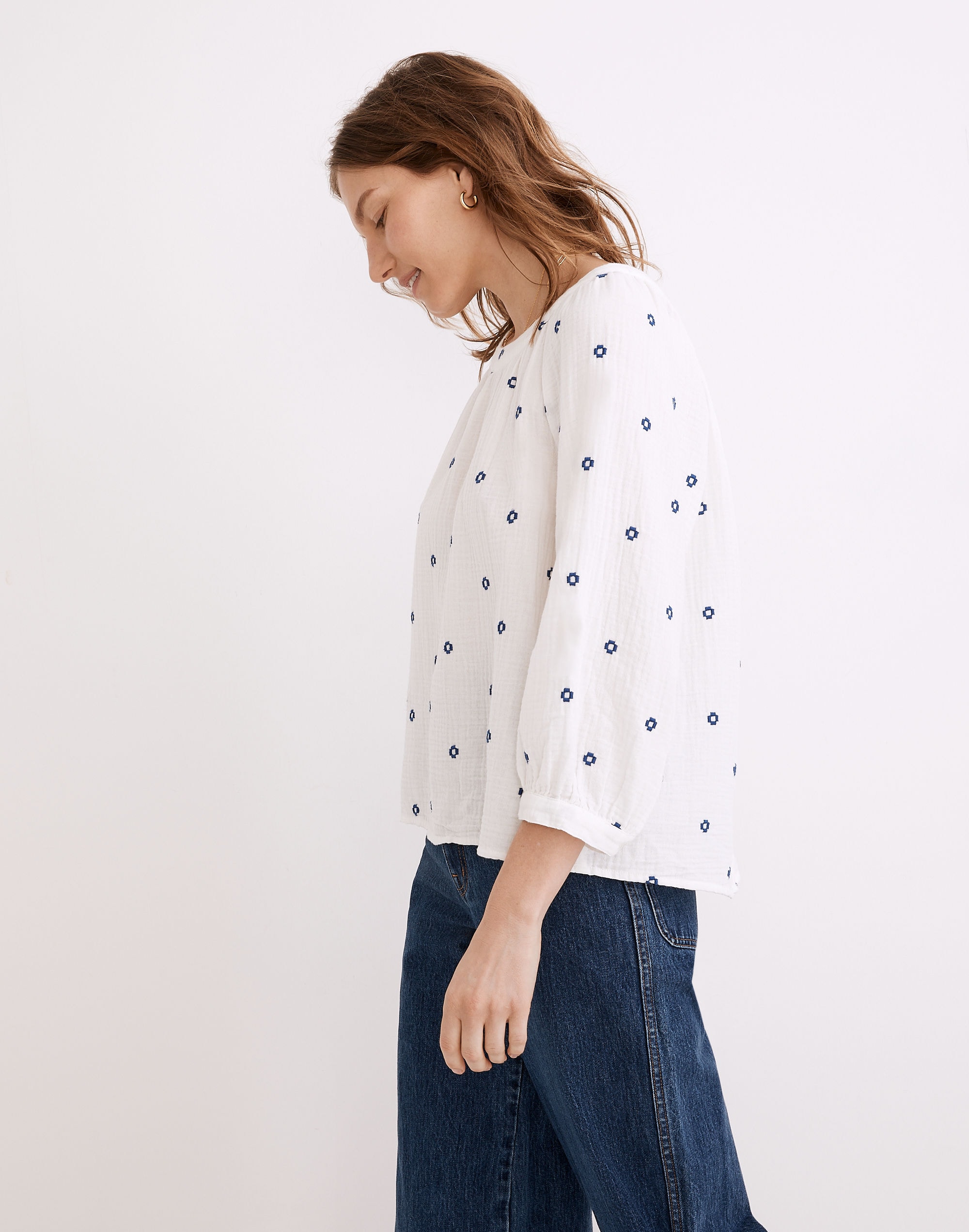 Embroidered Lightspun Wide-Neck Cuffed-Sleeve Top | Madewell