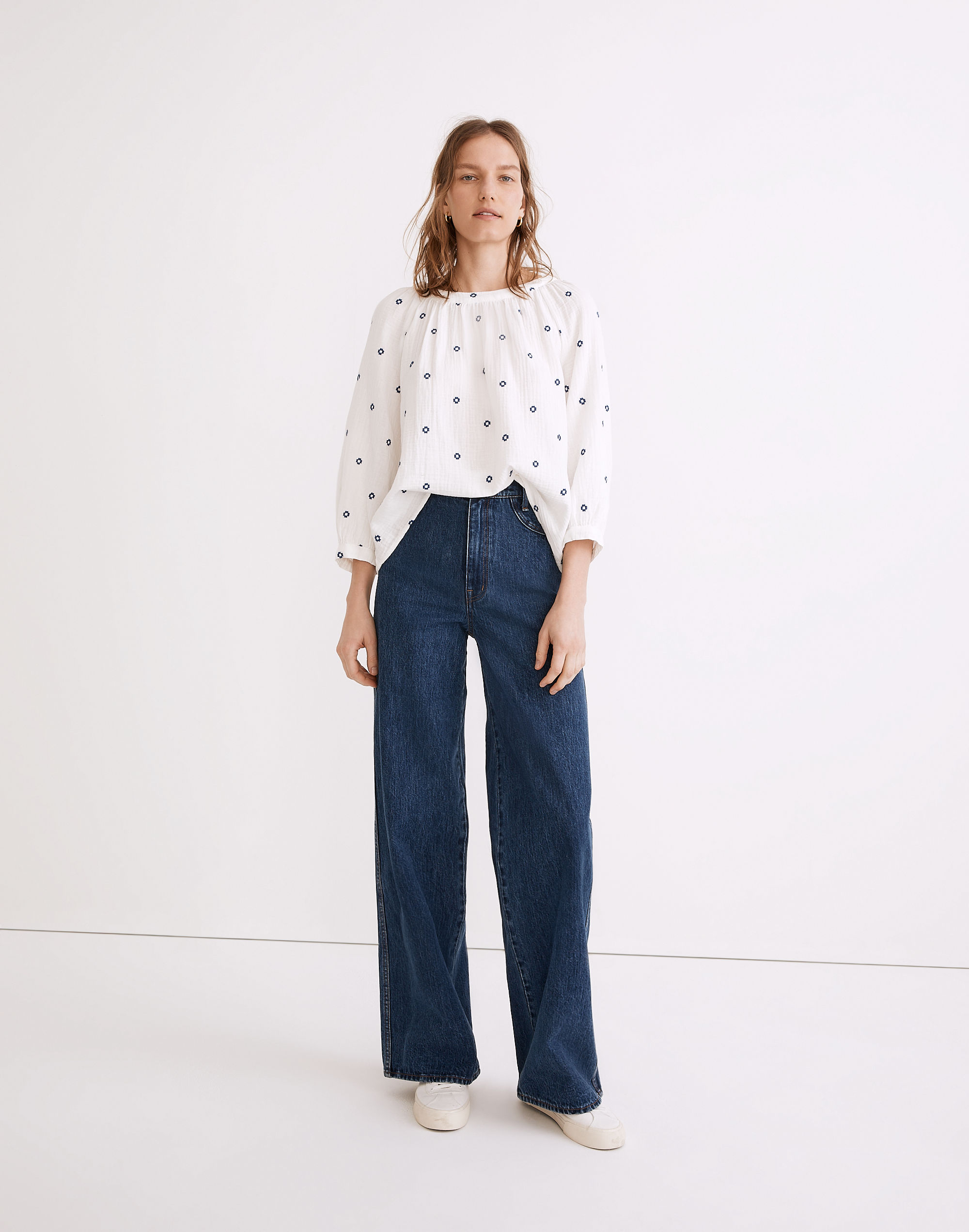 Embroidered Lightspun Wide-Neck Cuffed-Sleeve Top | Madewell