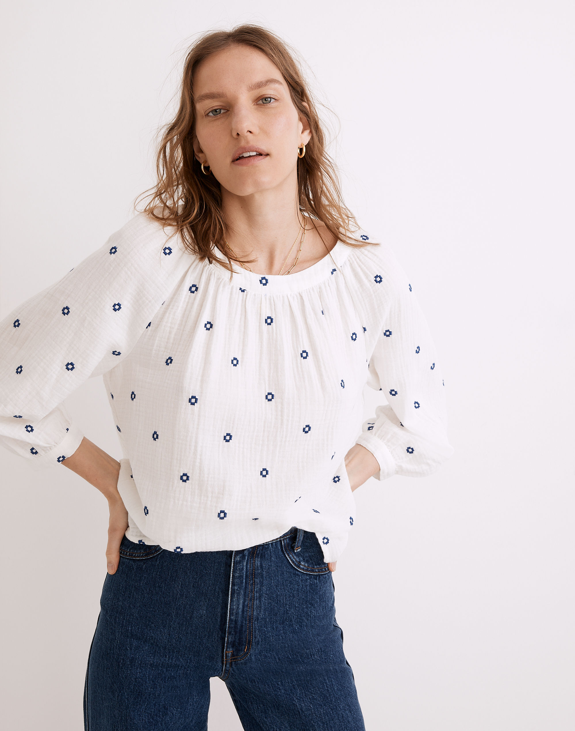 Embroidered Lightspun Wide-Neck Cuffed-Sleeve Top | Madewell