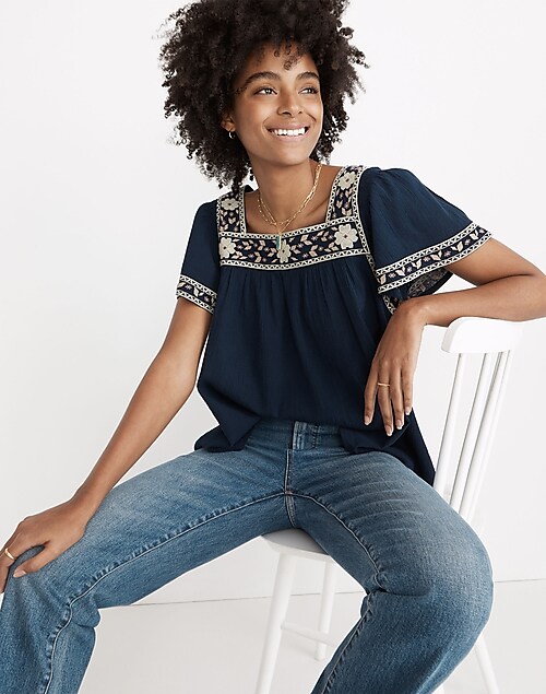 Lucky Brand Embroidered Square Neck Top - Women's Clothing Tops