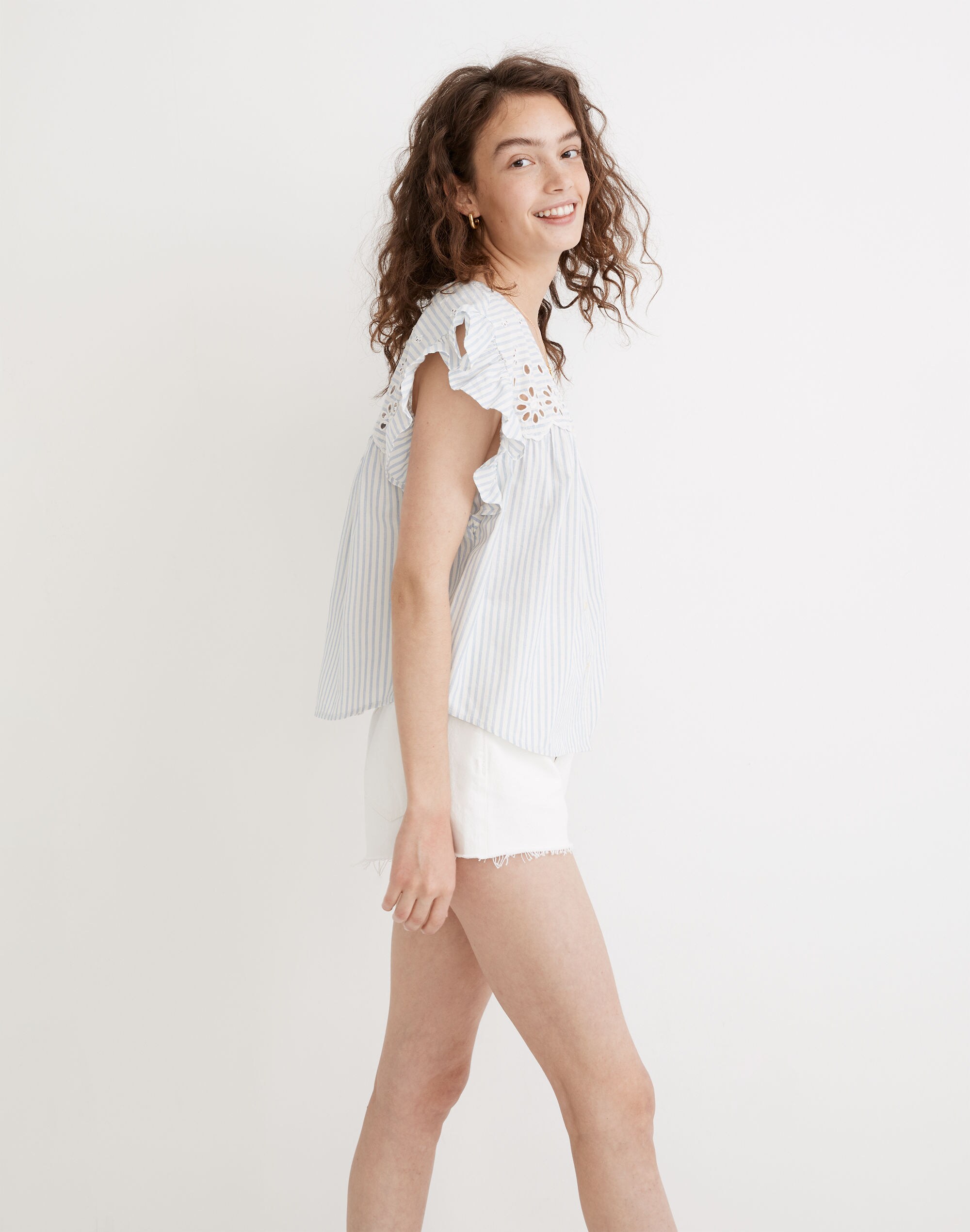 Cotton Button Front Shirt - Swirling Eyelet