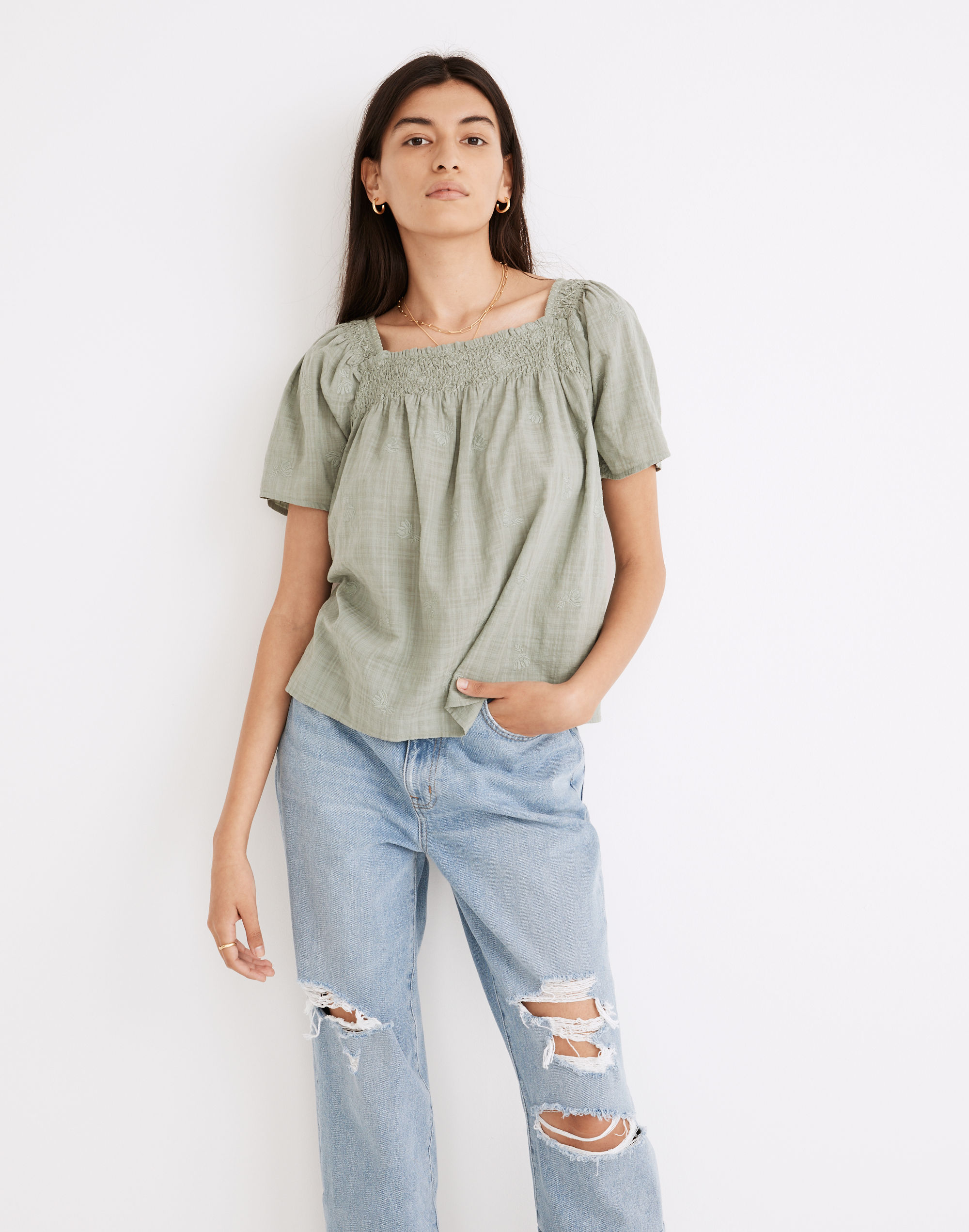 Plush Square-Neck Smocked Top