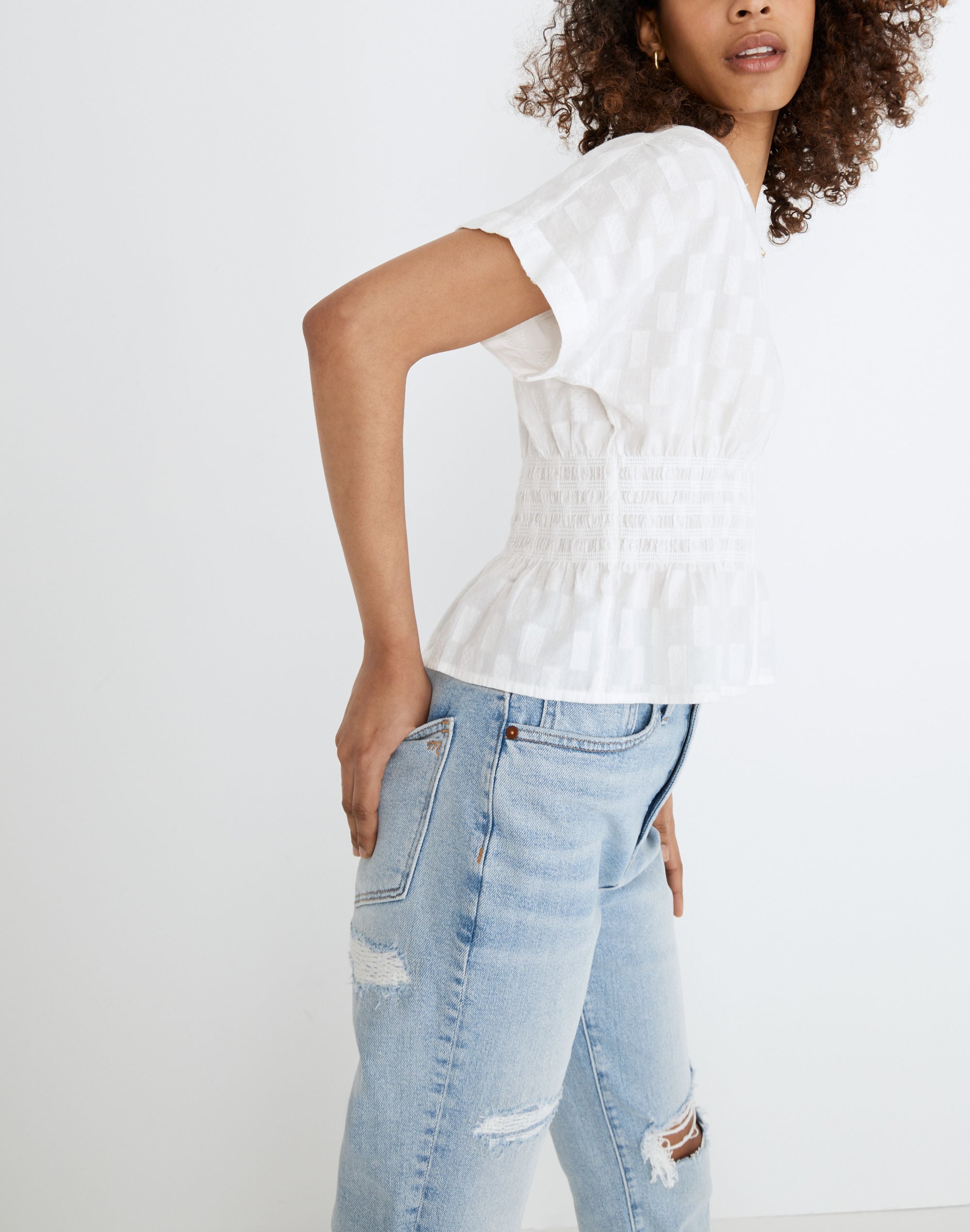 V-Neck Smocked-Waist Top Square Jacquard | Madewell