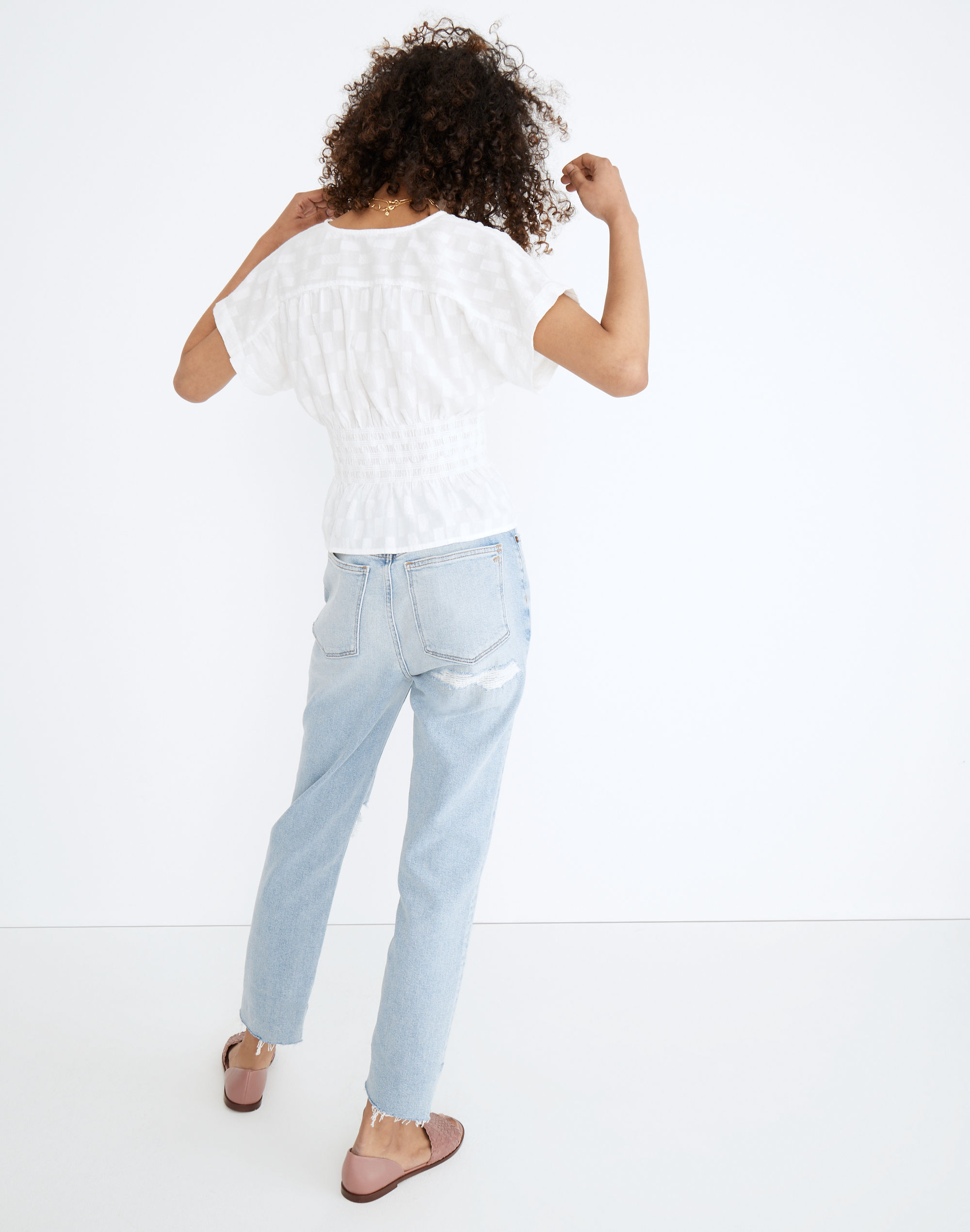 V-Neck Smocked-Waist Top Square Jacquard | Madewell