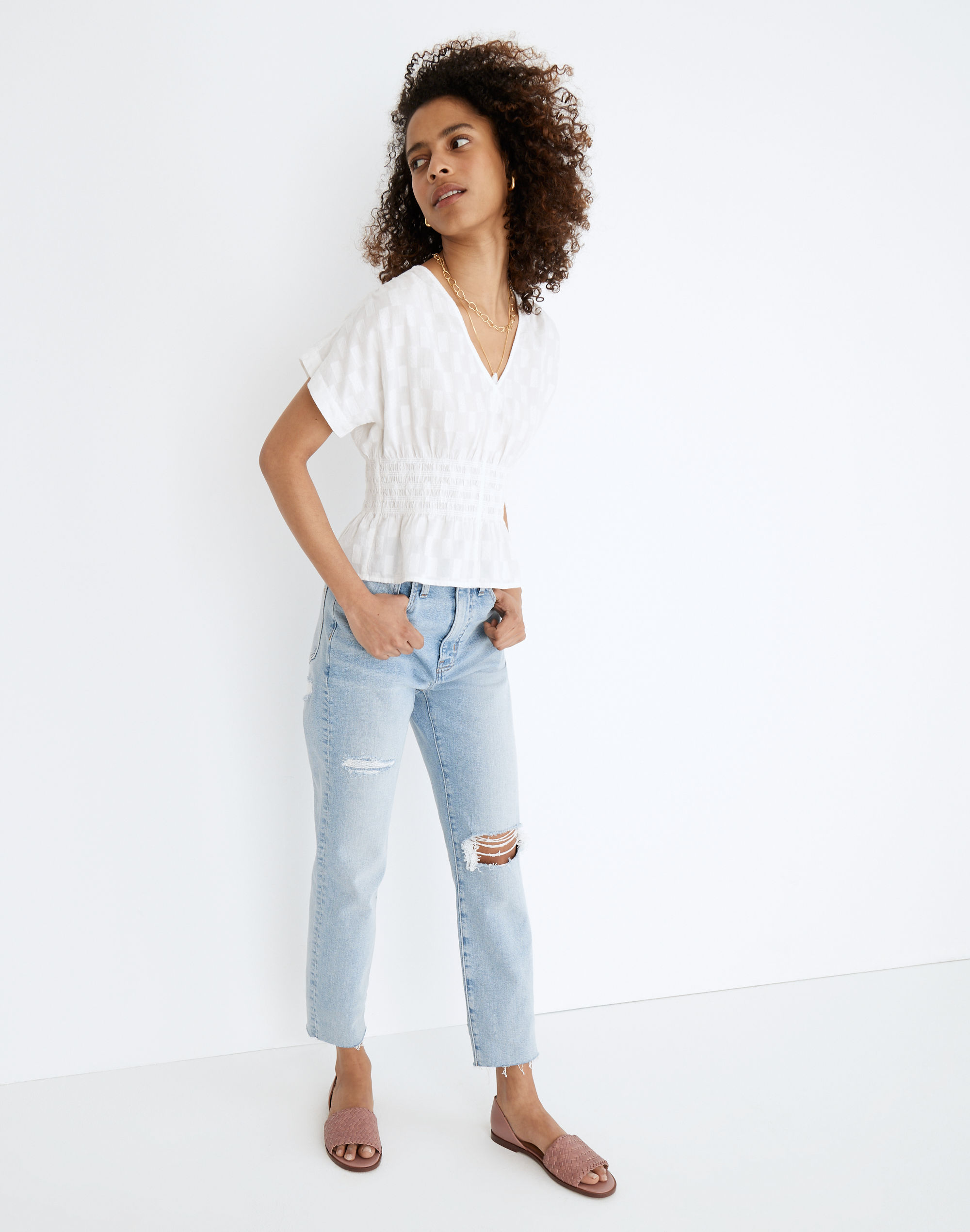 V-Neck Smocked-Waist Top Square Jacquard | Madewell