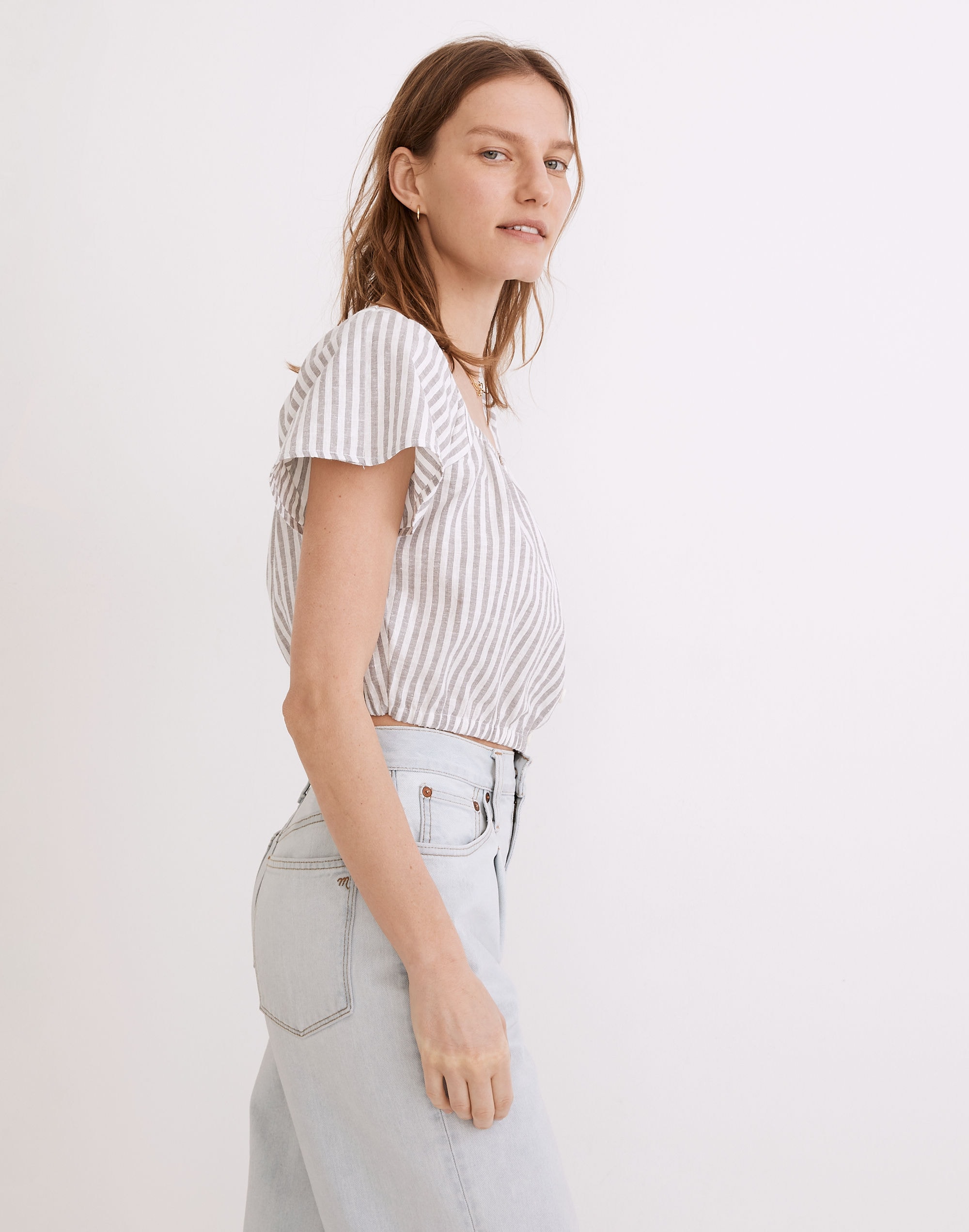 Flutter-Sleeve Button-Front Crop Top in Stripe | Madewell