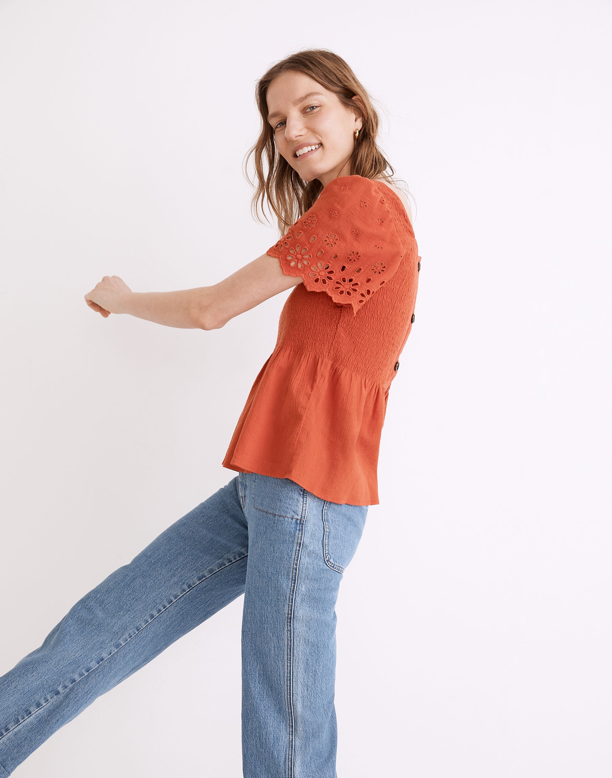 Eyelet-Sleeve Lucie Smocked Peplum Top | Madewell