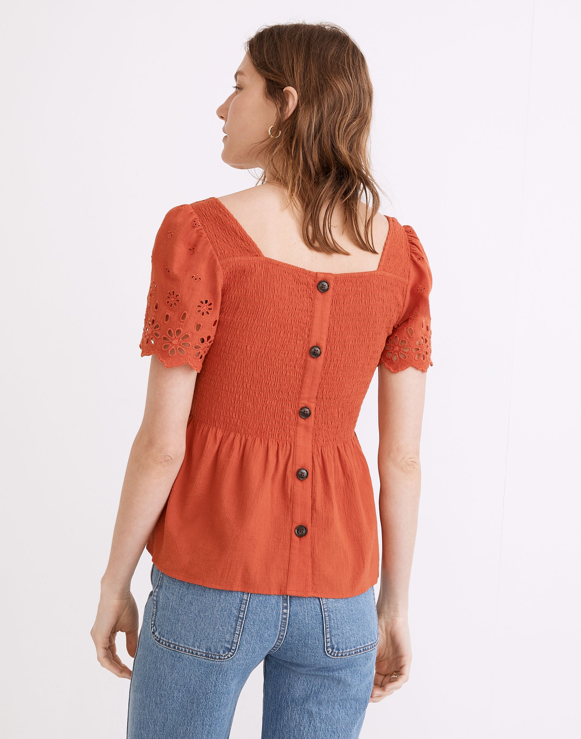 Eyelet-Sleeve Lucie Smocked Peplum Top | Madewell